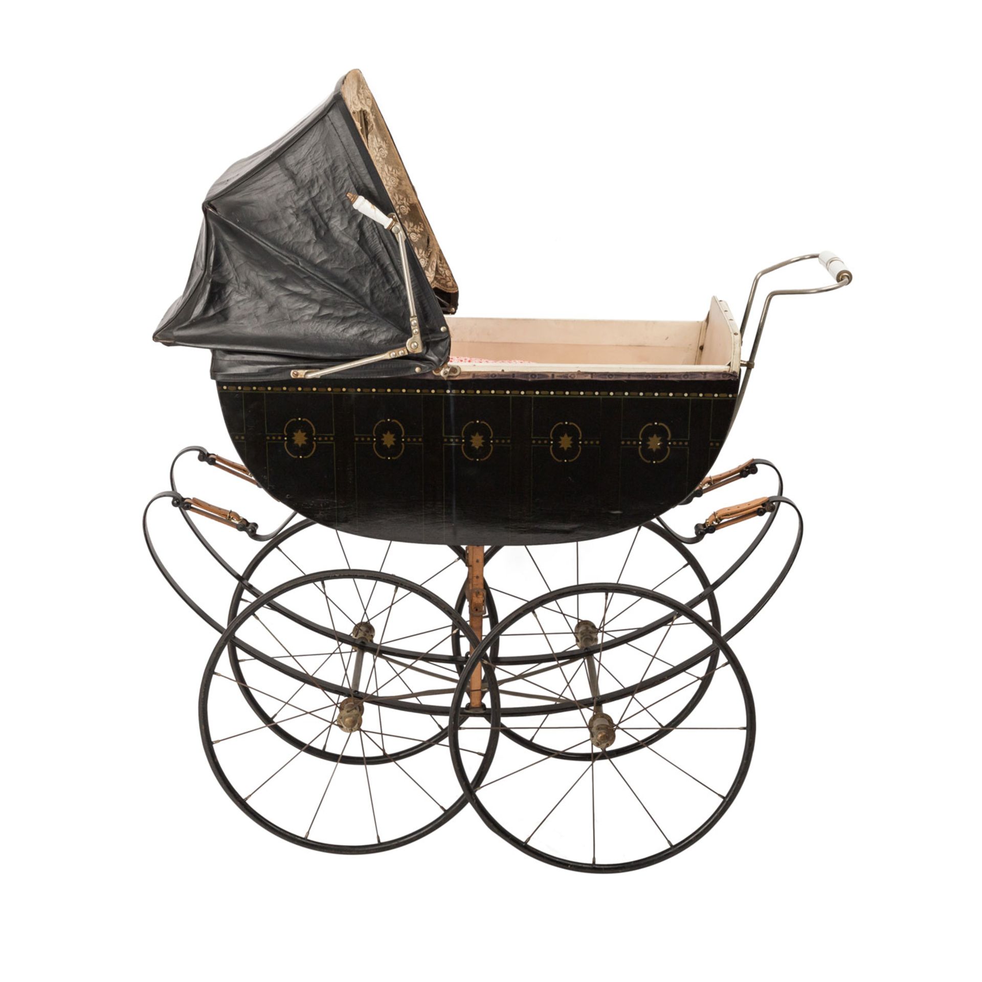 NAETHER Kinderwagen, Anfang 20.Jh.,gemarkt, 2-achsiges Eisengestell m. gr. Speichenrädern, - Bild 5 aus 6