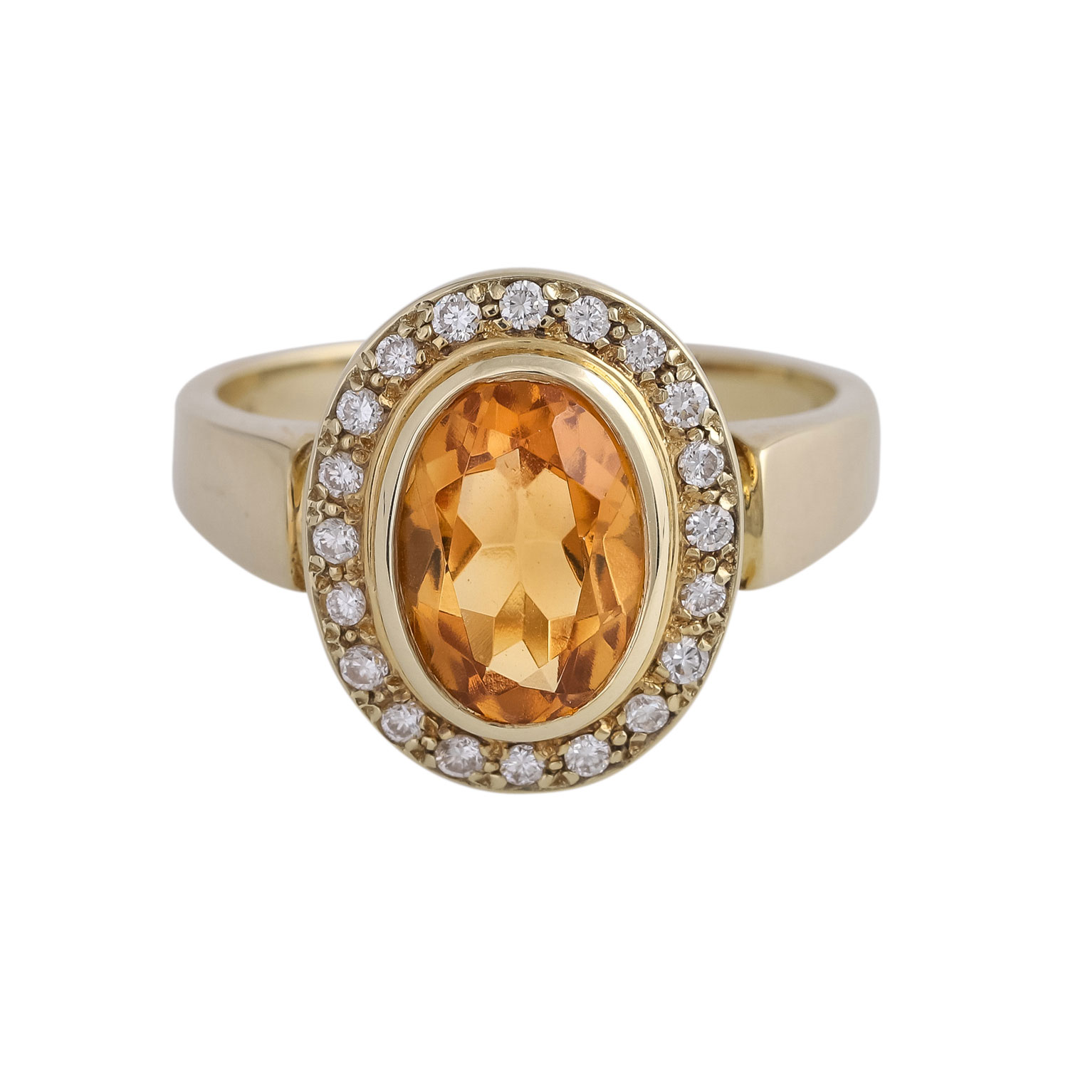 Ring mit 1 oval fac. Citrin, entouriert von 20 Brillanten,zus. ca. 0,2 ct (grav.), GG 14K, RW 56,