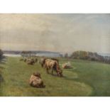 MOLS, NIELS PEDERSEN (1859-1921), "Kühe auf der Weide vor einem See",im Hintergrund hügelige
