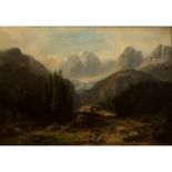 HENGSBACH, FRANZ (1814-1883), "Hirten vor der Alm in den Alpen",Hochgebirgsszene mit Gleschern im
