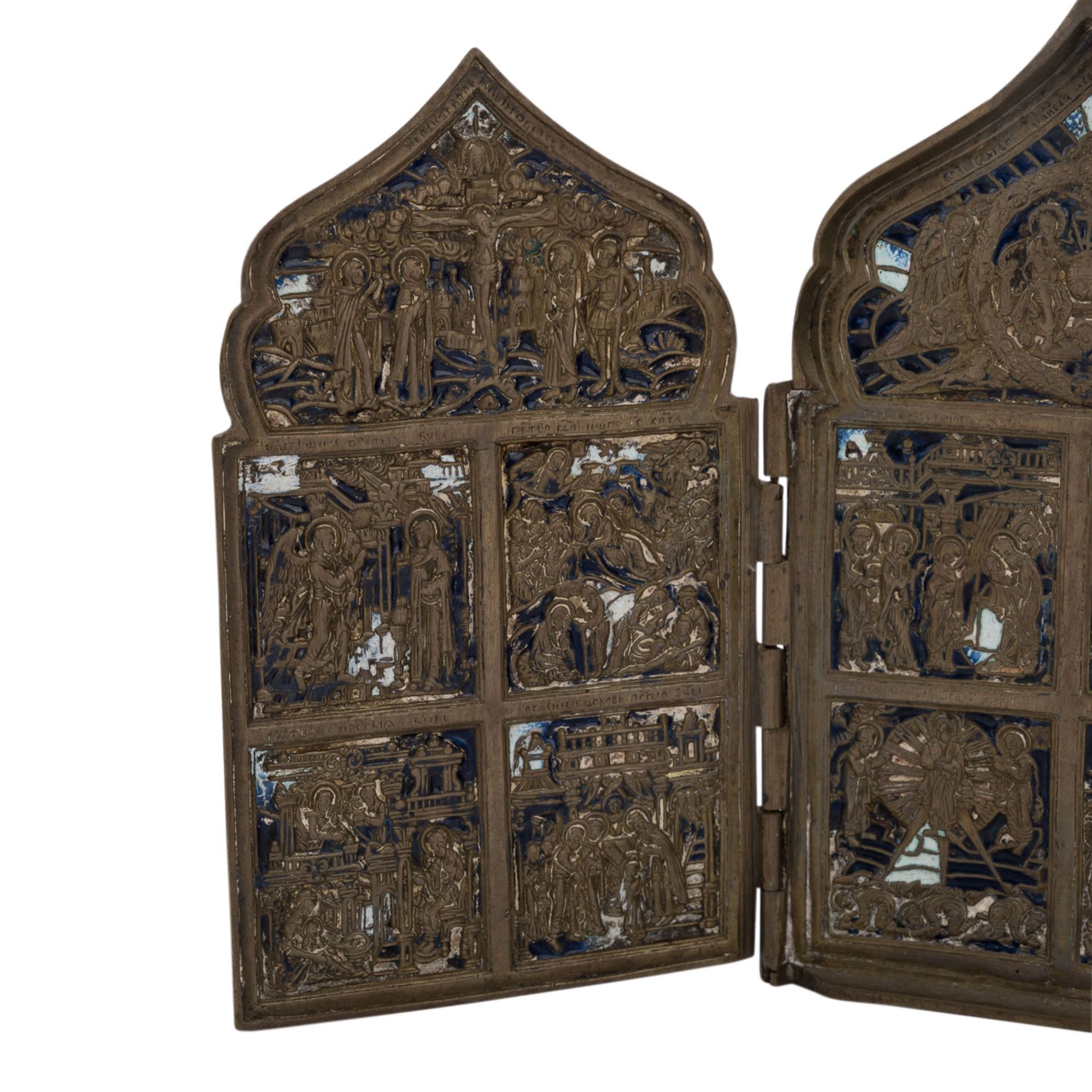 REISEIKONE, Russland 18. Jh., Bronze reliefiert, blau u. weiß emailliert,vier scharnierte Tafeln mit - Bild 3 aus 5