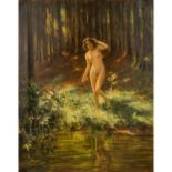 HEMPFING, WILHELM (1886-1948), "Weiblicher Akt an einem Bachufer im Wald stehend"Öl auf Leinwand,