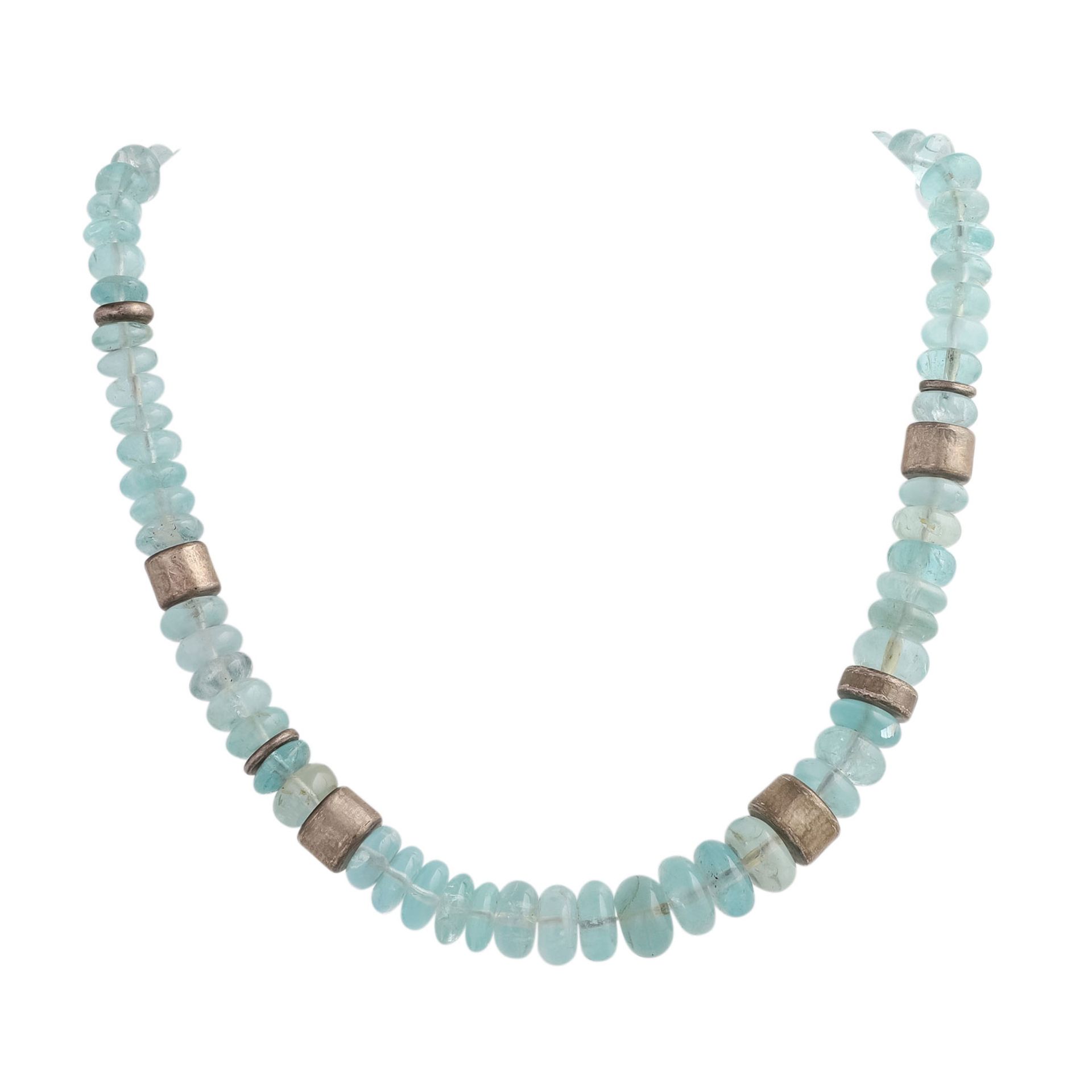 Collier aus Aquamarinlinsen im Verlauf 7-12,5 mm,L: 44cm, mit Verlängerungsstück 58,5 cm,