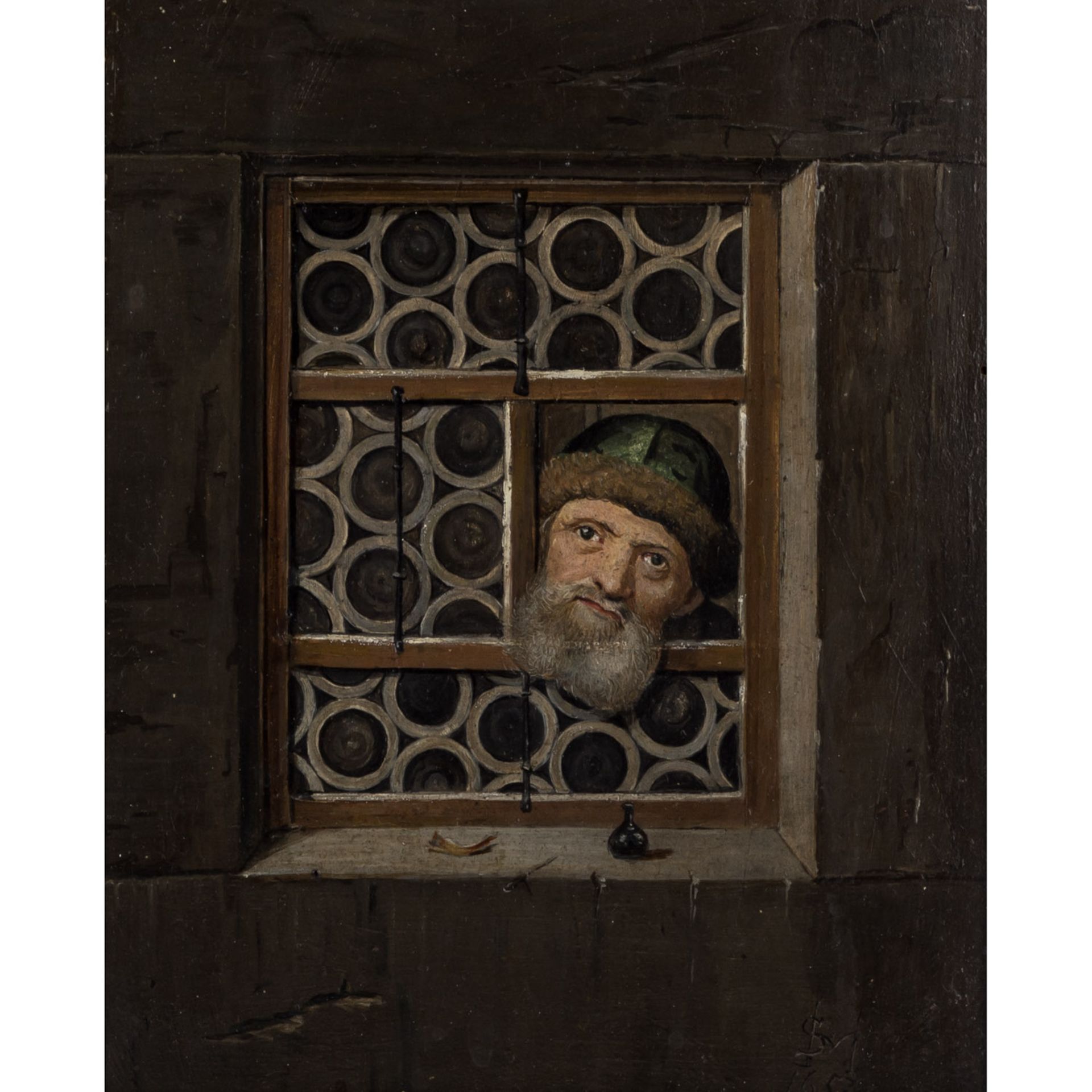 MONOGRAMMIST, 17. Jh., "Herr mit grüner Pelzkappe am Fenster",den Kopf aus einem geöffneten Teil des