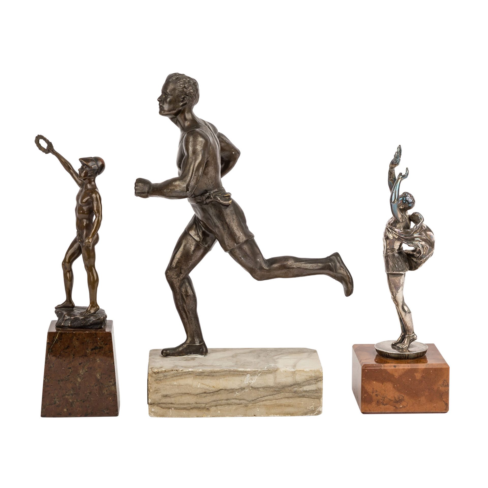 Konvolut 3 Figuren, 20. Jh.:PAUL SCHMIDT-FELLING (1835-1920) 'Jüngling mit Kranz', Bronze, auf hohem - Image 2 of 6