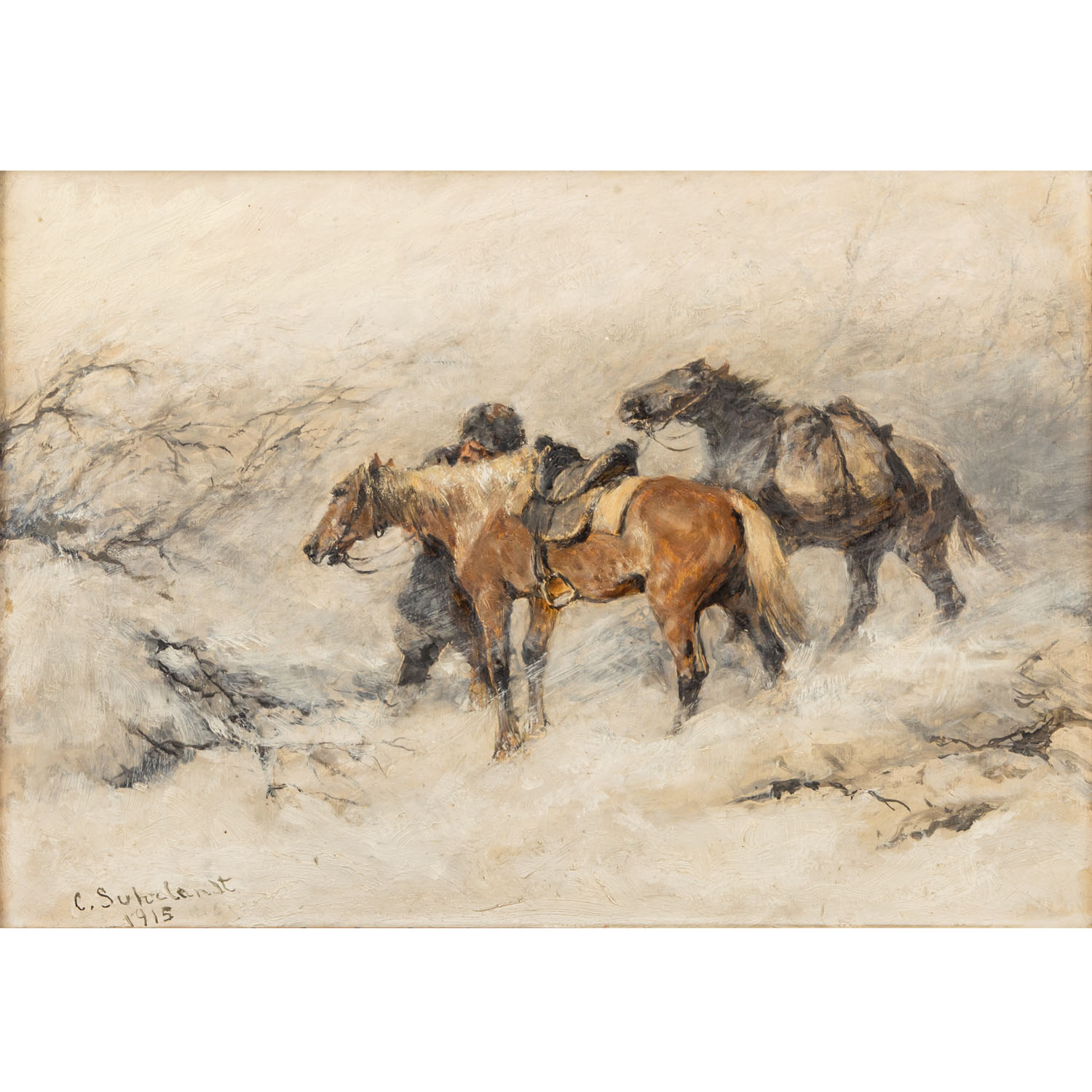 SUHRLANDT, CARL (1828-1919), "Soldat mit Pferden in winterlicher Landschaft "Öl auf Karton, signiert