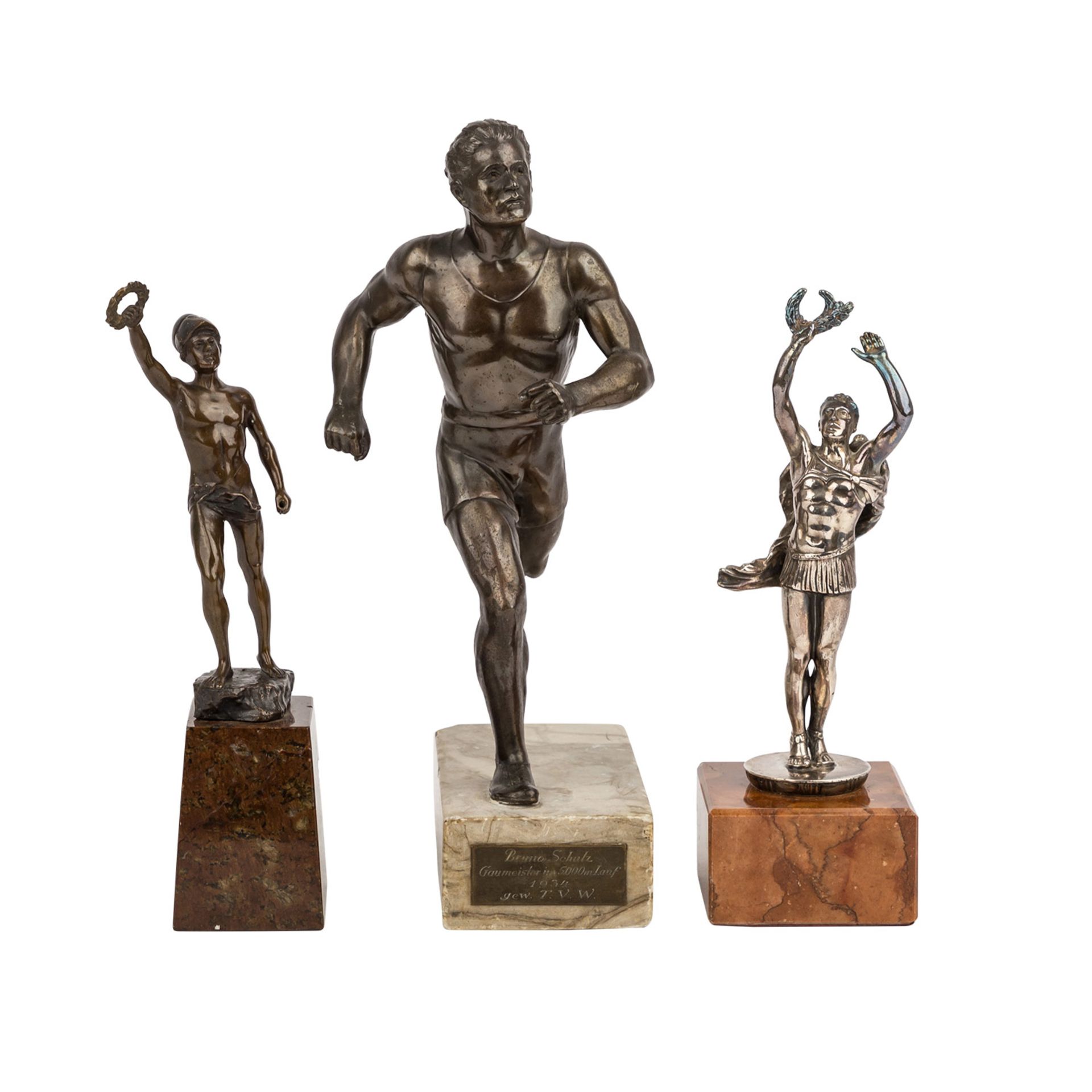 Konvolut 3 Figuren, 20. Jh.:PAUL SCHMIDT-FELLING (1835-1920) 'Jüngling mit Kranz', Bronze, auf hohem - Image 5 of 6