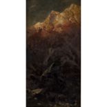 MALER 19. Jh., "Alpenglühen",Hochgebirge mit Gletscher im Sonnenaufgang/-untergang, unsign., Öl/