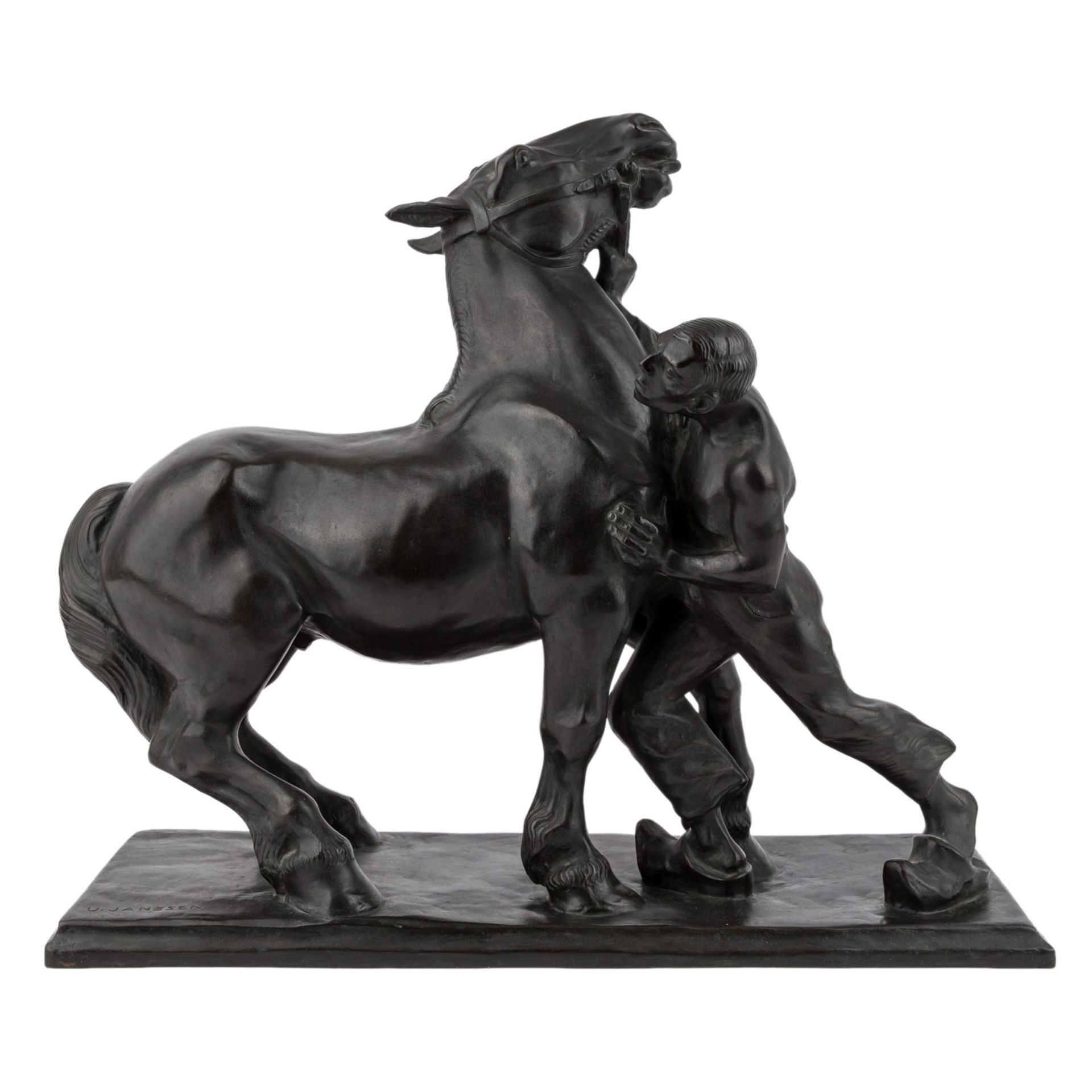 JANSSEN, ULFERT (1878-?), "Rossebändiger",Bronze, schwarz patiniert, vollplastische Figurengruppe,