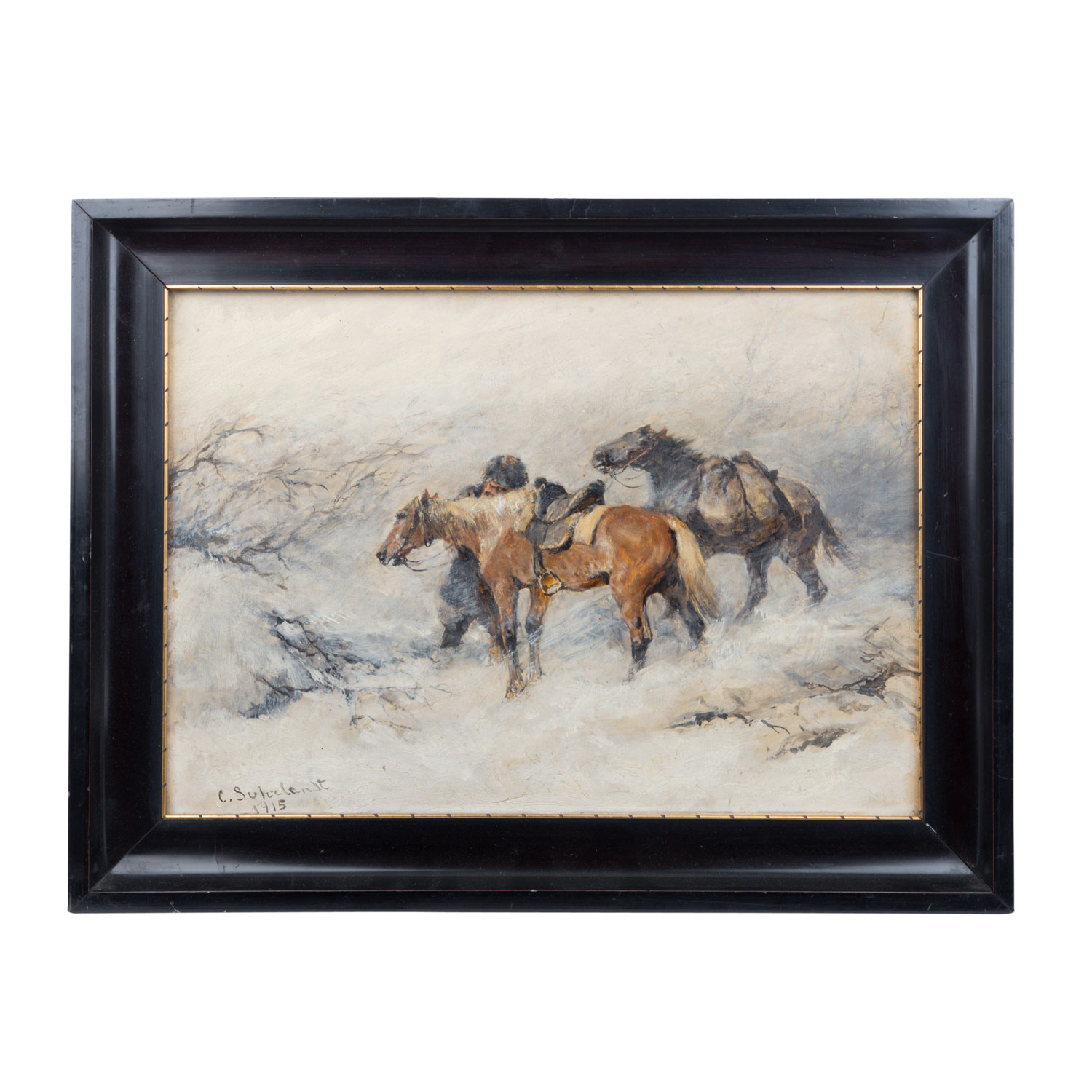 SUHRLANDT, CARL (1828-1919), "Soldat mit Pferden in winterlicher Landschaft "Öl auf Karton, signiert - Image 2 of 4