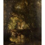 BAISCH, HERMANN (1846-1894), "Rinder an einem Waldweiher bei der Tränke"Öl auf Leinwand doubl.,