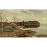 MURRAY, DAVID (1849-1933), "Fischerhütten in englischer Uferlandschaft",Boote und Wagen mit