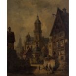 MALER/IN 19. Jh., "Stadtvedute mit Kirche und Fachwerkhaus", wohl Alt Heilbronn, die Kilianskirche,