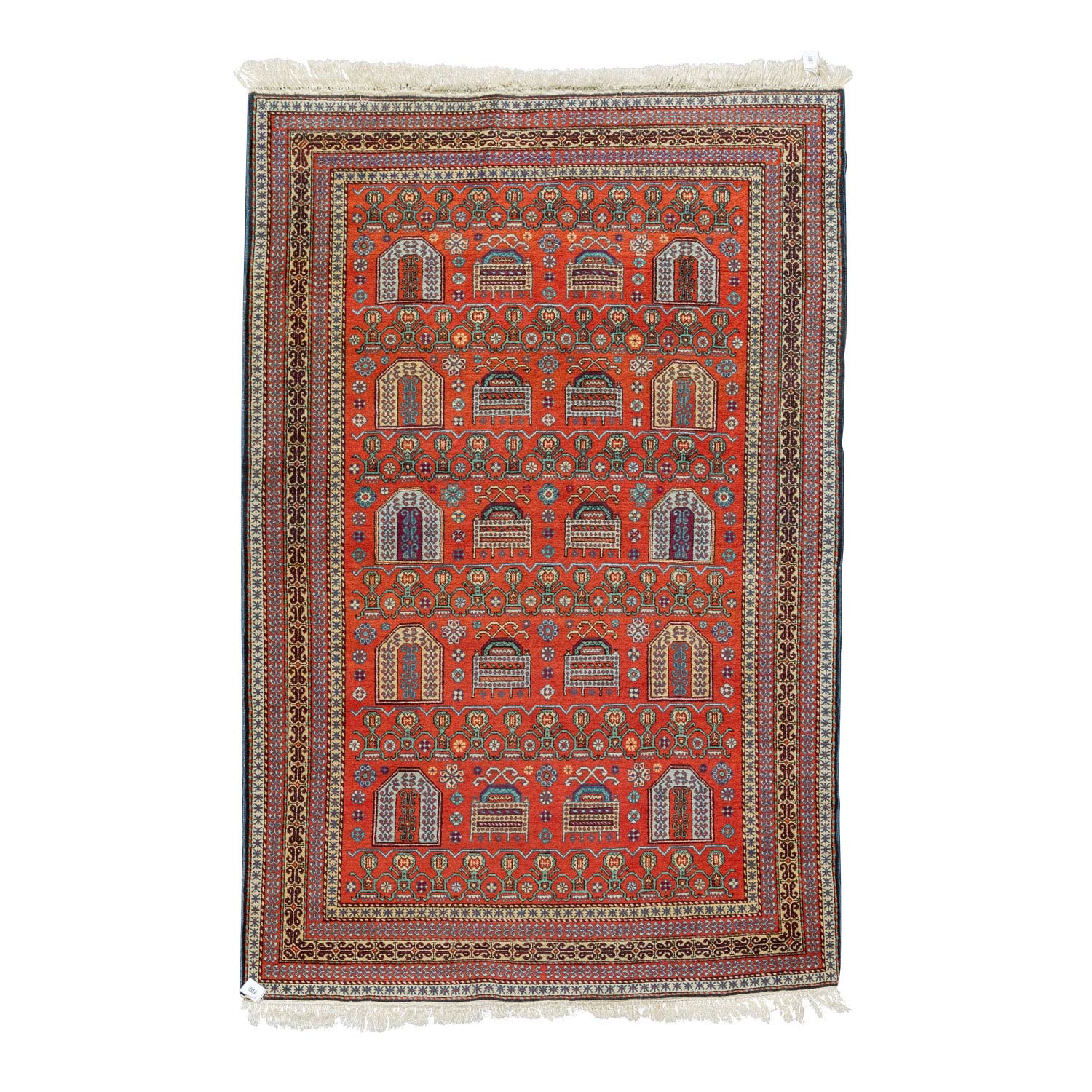 Orientteppich. PAKISTAN, 20. Jh., 214x142 cm.Rotgrundiges Innenfeld mit geometrischer Musterung,