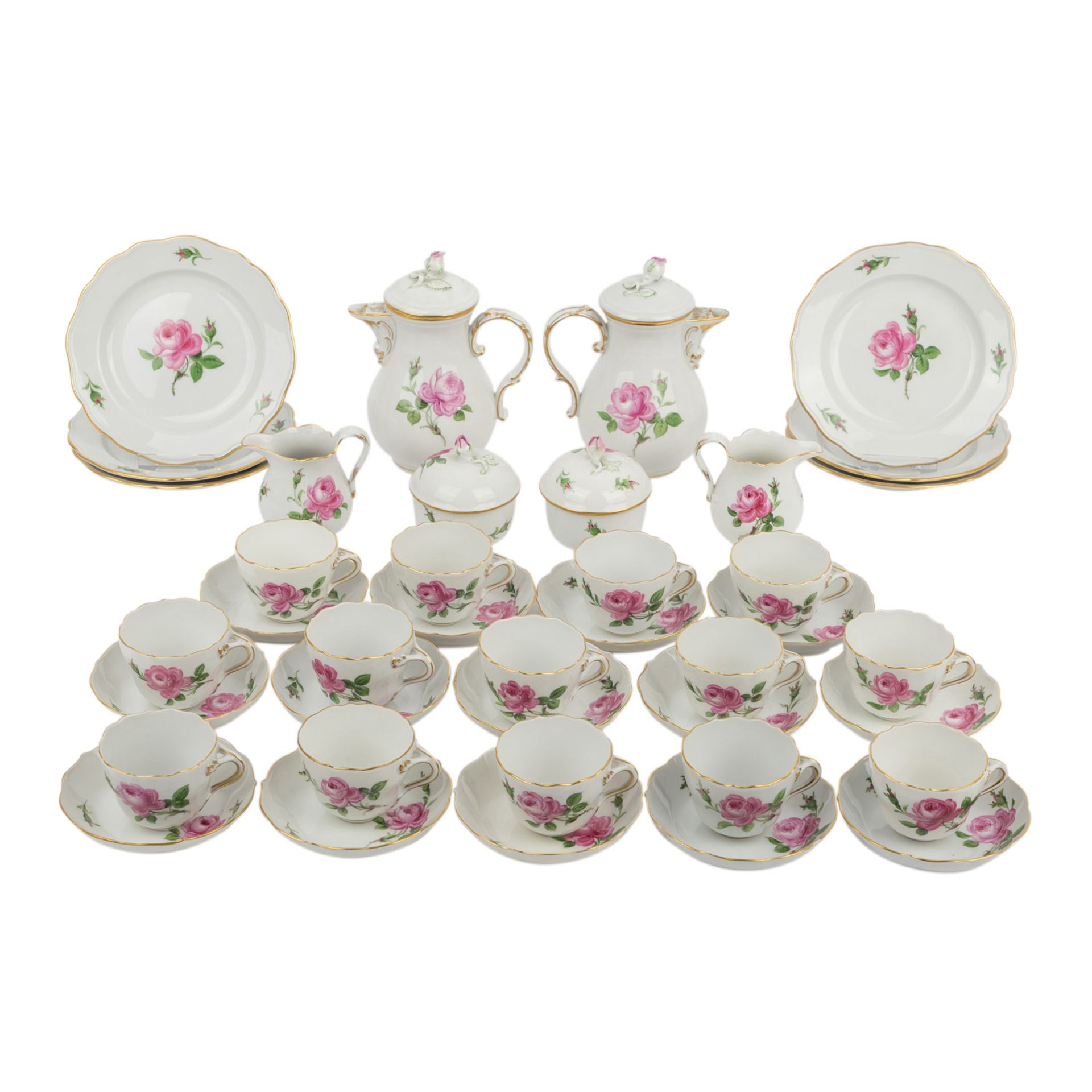 MEISSEN Mokkaservice f. 6-14 Personen 'Rote Rose', 20. Jh..14 Mokkatassen/U-Tassen (2. Wahl, 1 U-