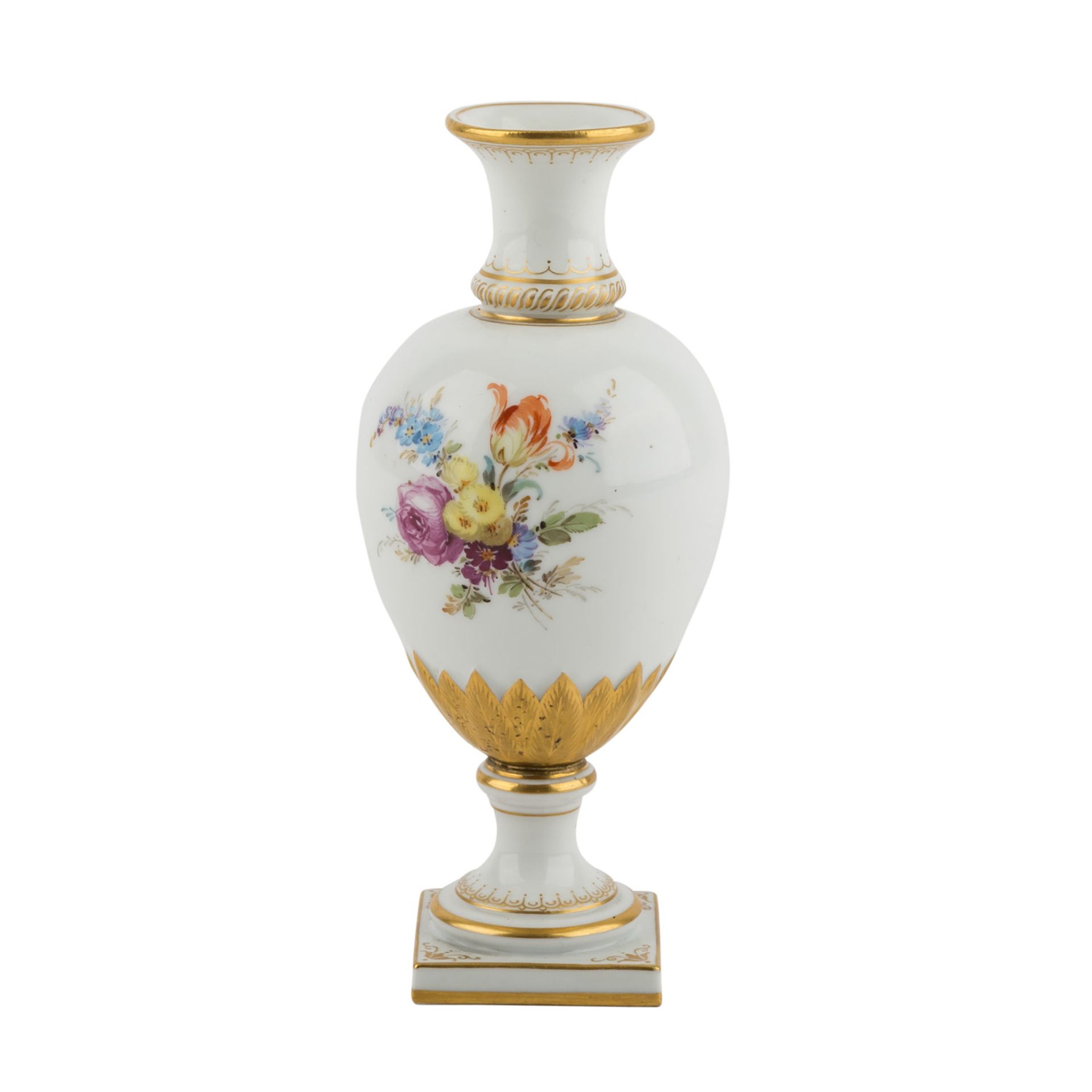 MEISSEN kleine Ziervase, 19. Jh.Eiförmiger Korpus mit Rundfuß verschraubt auf quadratischer Plinthe, - Image 3 of 5