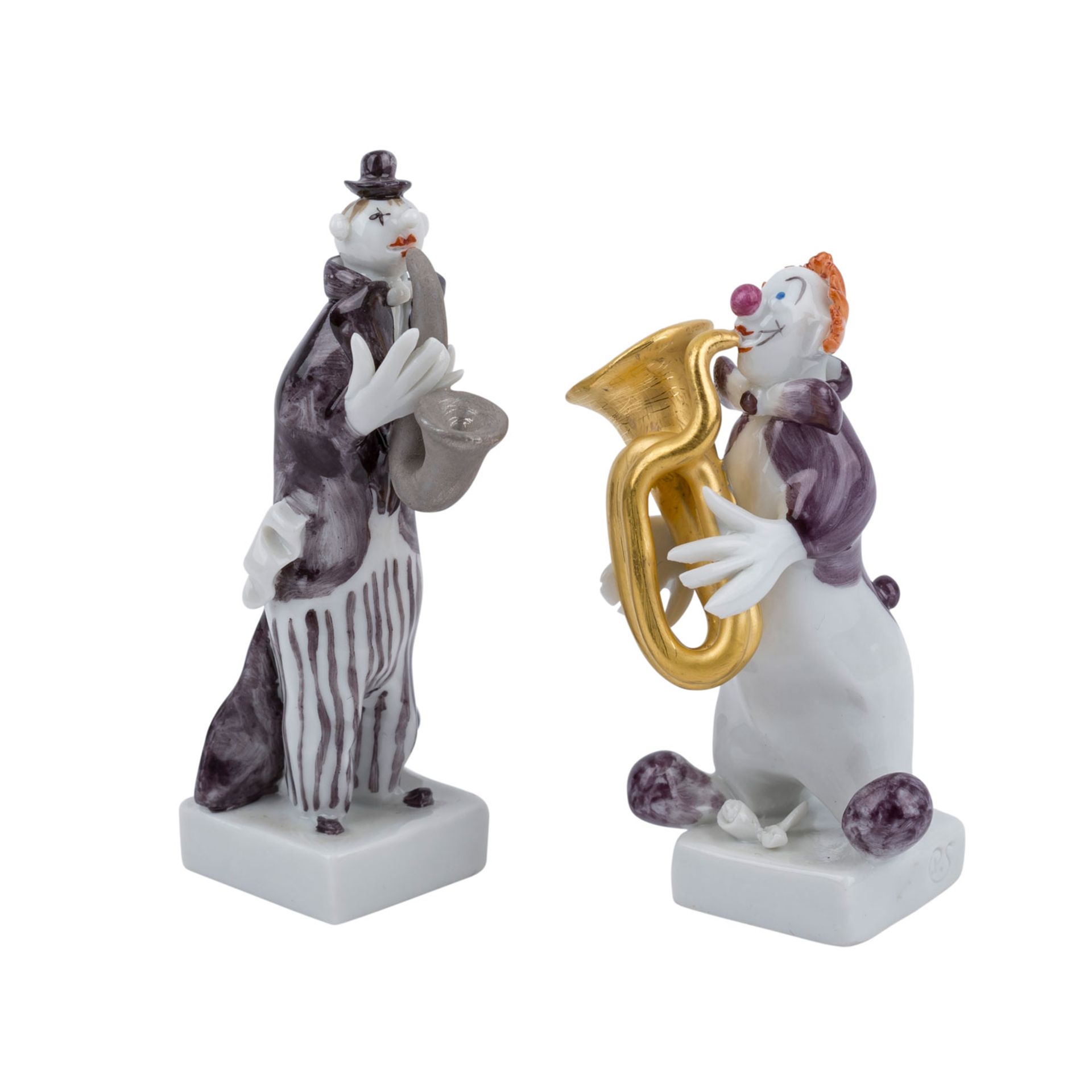 MEISSEN 2 Figuren aus der Clownkapelle, 20. Jh.Entwurf von Peter Strang 1993, "Tubaspieler",