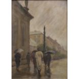 MALER DES 20.JH. "Straßenszene bei Regen"Öl/Leinwand auf Karton, unsigniert, HxB: 36/26 cm.