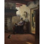 MÜCKE, KARL EMIL (1847-1923) "Holländisches Stubeninterieur mit Mutter und Kind am Kaminfeuer"Öl/