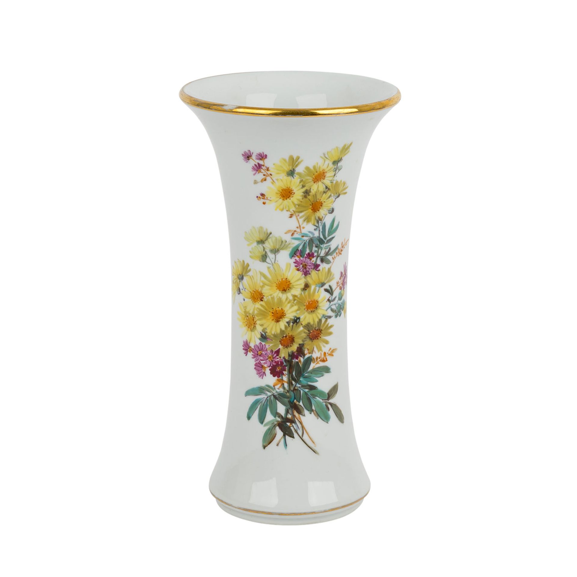 MEISSEN Stangenvase, 1924-1934.Weißporzellan mit polychromem Blumendekor, unterglasurblaue