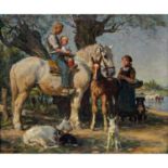 JUNGHANS, JULIUS PAUL (1876-1958), "Vater mit Sohn zu Pferd",im Vordergrund Ziegen, im Hintergrund