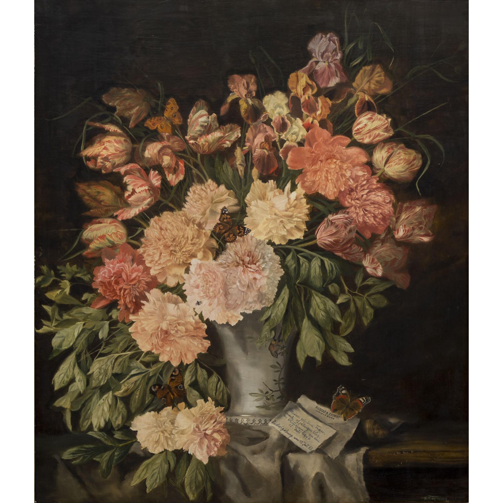 MITTERFELLNER, ANDREAS (1912-1972) "Blumenvase mit Tulpen und Schmetterlingen"Öl auf Holz, signiert,