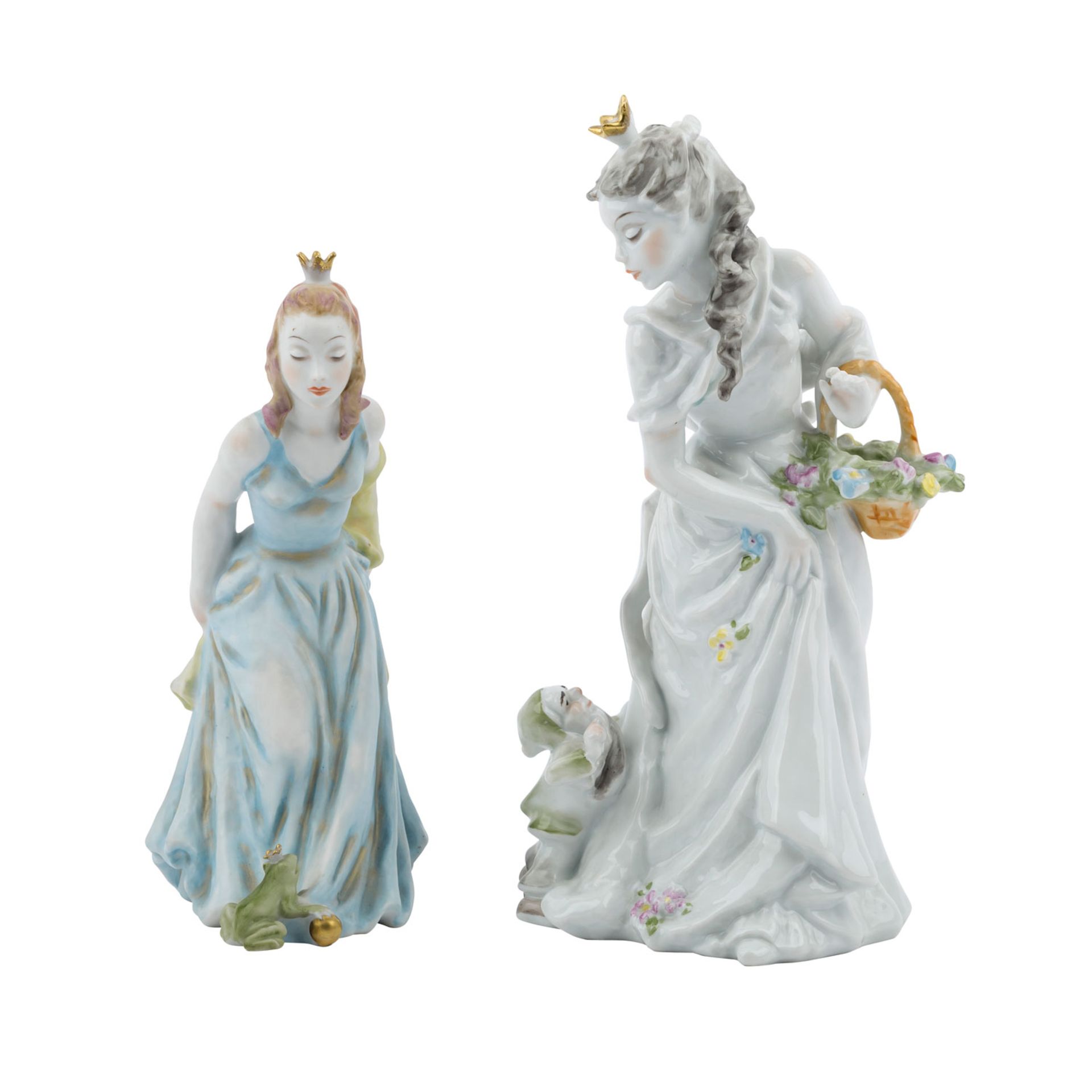 ROSENTHAL 2 Figuren 'Schneewittchen' und 'Froschkönigin', Marken nach 1957.Weißporzellan polychrom