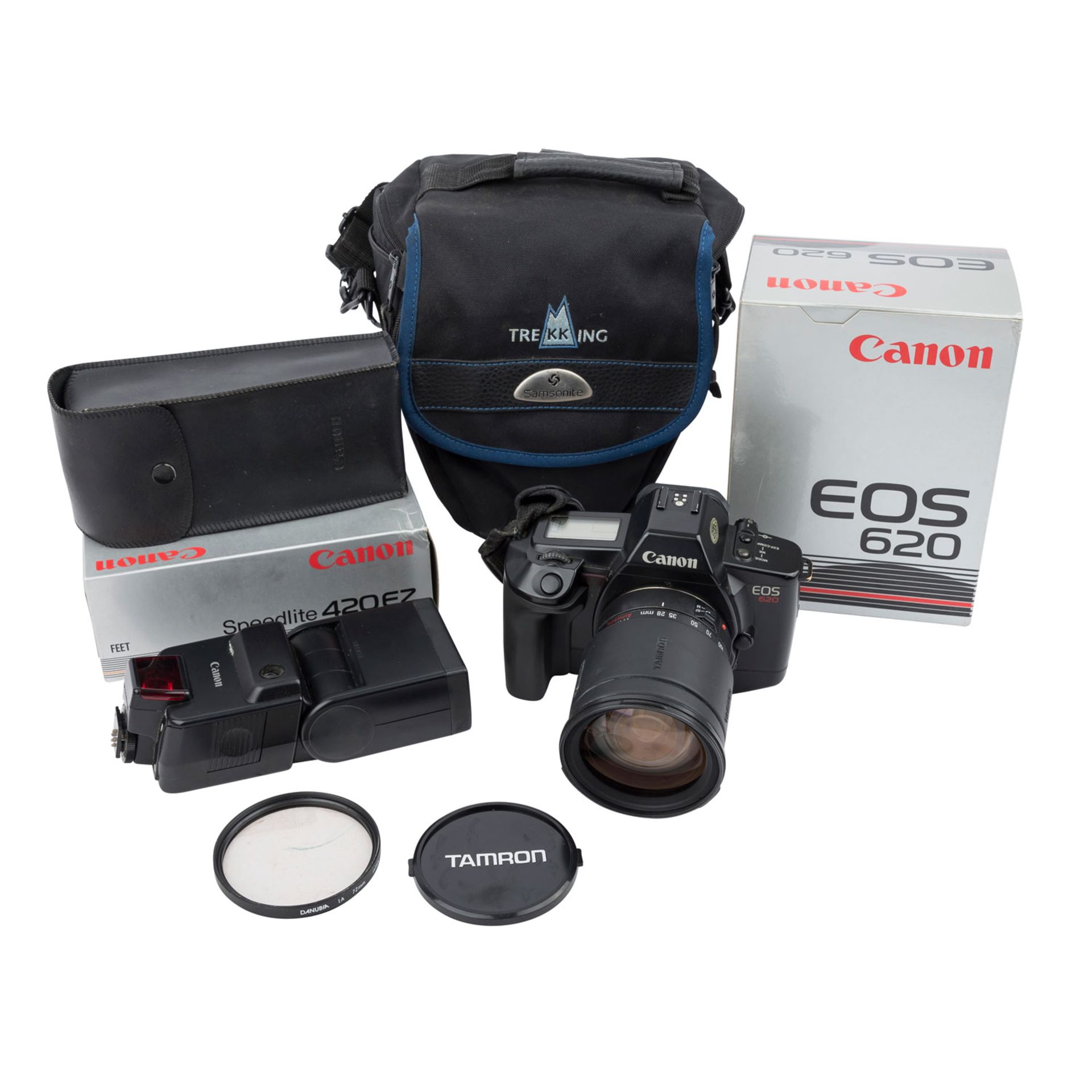 KAMERASET SPIEGELREFLEXKAMERA CANON EOS 620, BLITZGERÄT 420EZ, OBJEKTIV TAMRON AF 1:3,8-5,6 28-