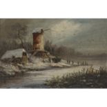 HOFER (Maler/in 19. Jh.), "Eisvergnügen vor verschneiter Mühle",Kinder am Flussufer und auf dem