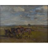 VISKI, JÀNOS (1891-1987) "Pferde auf Koppel"Öl/Platte, HxB: 32/38 cm. Trocknungsrisse. Rahmen,
