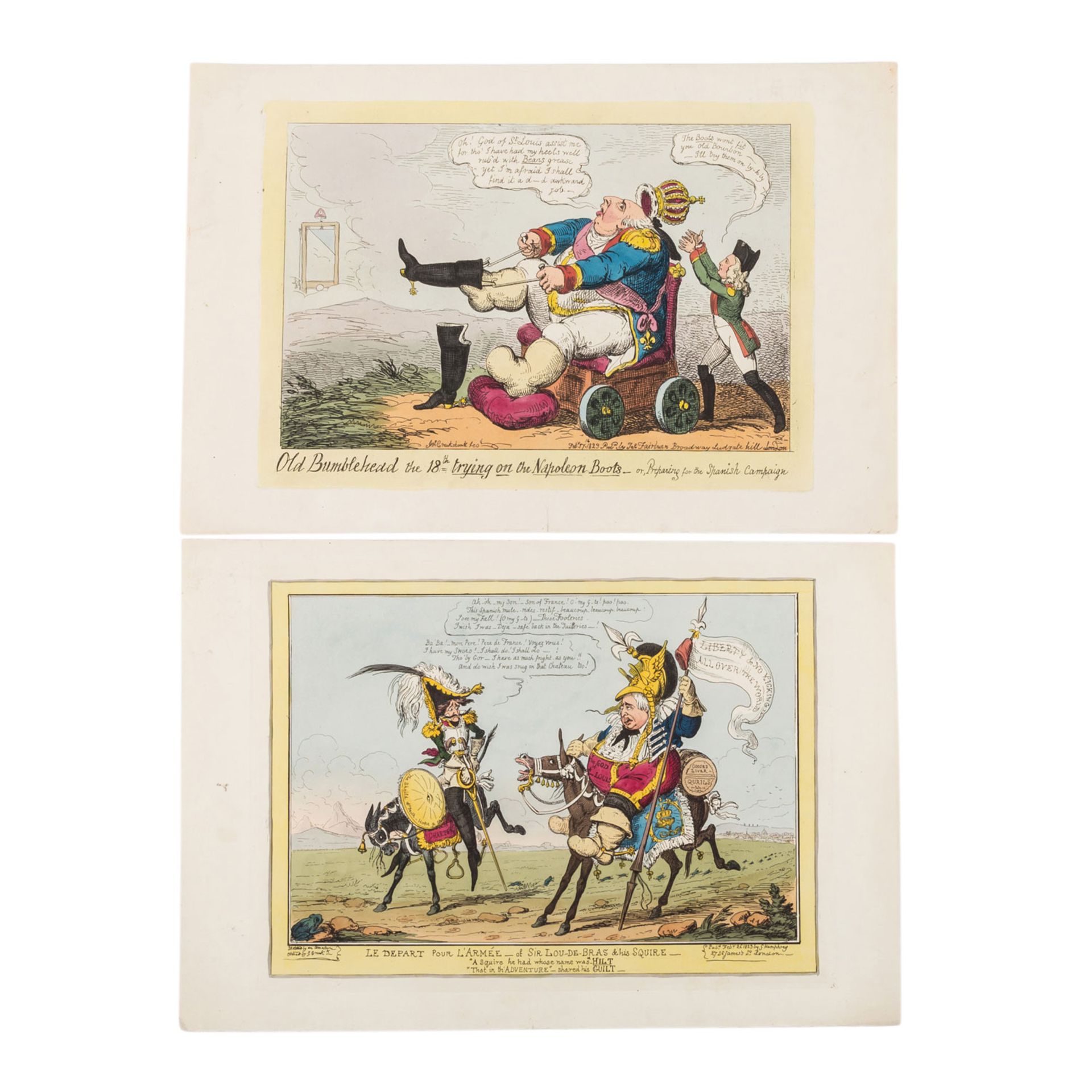 CRUIKSHANK, GEORGE (1792-1878), 2 Karikaturen,1x "Old Bumblehead the 18th trying on the Napoleon
