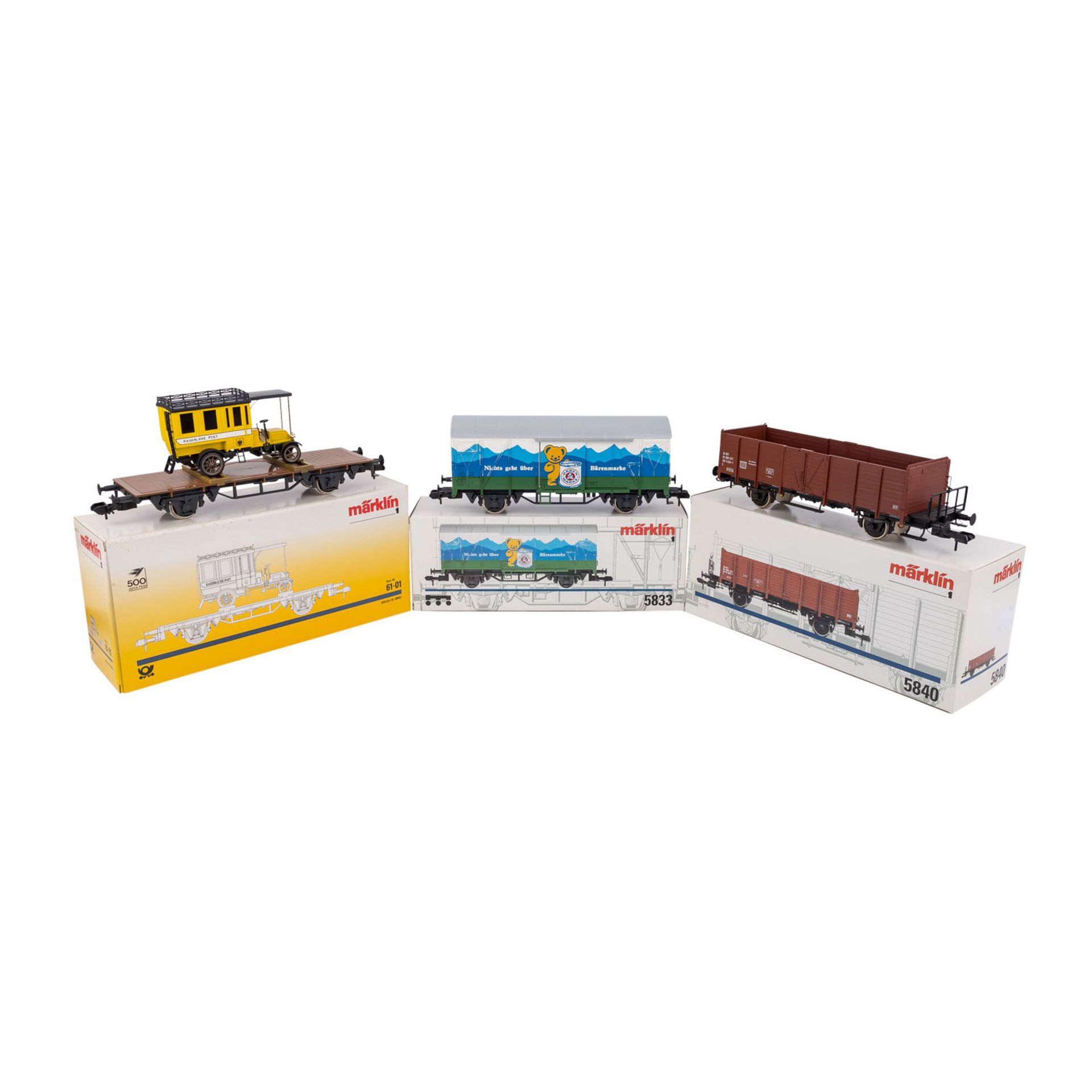 MÄRKLIN Konvolut von drei Güterwagen, Spur 1,bestehend aus 5833 Güterwg. Bärenmarke, 5840 off.