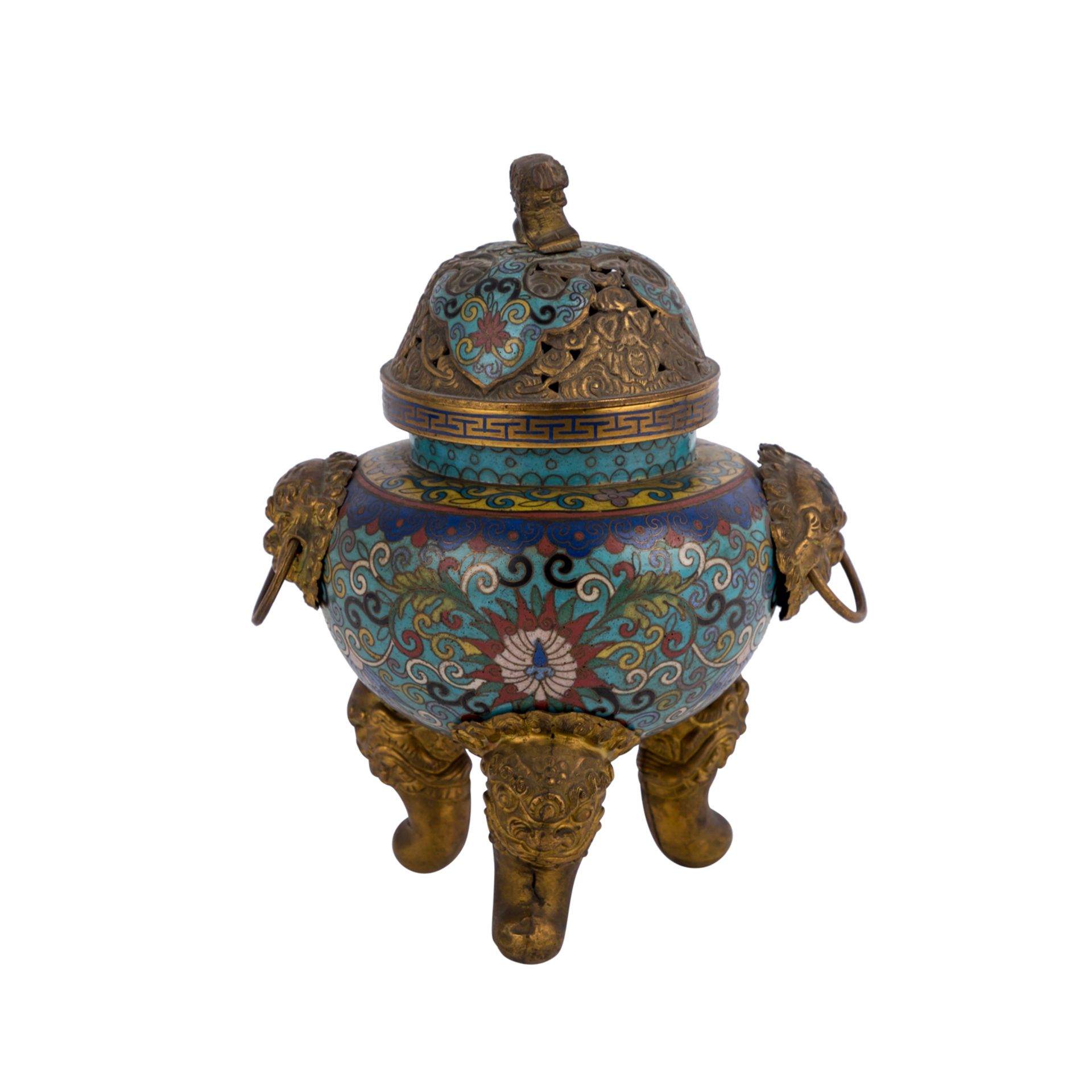 Cloisonné-Weihrauchbrenner. CHINA, 19. Jh..Runde Form auf drei Metallbeinen und Paar seitlichen