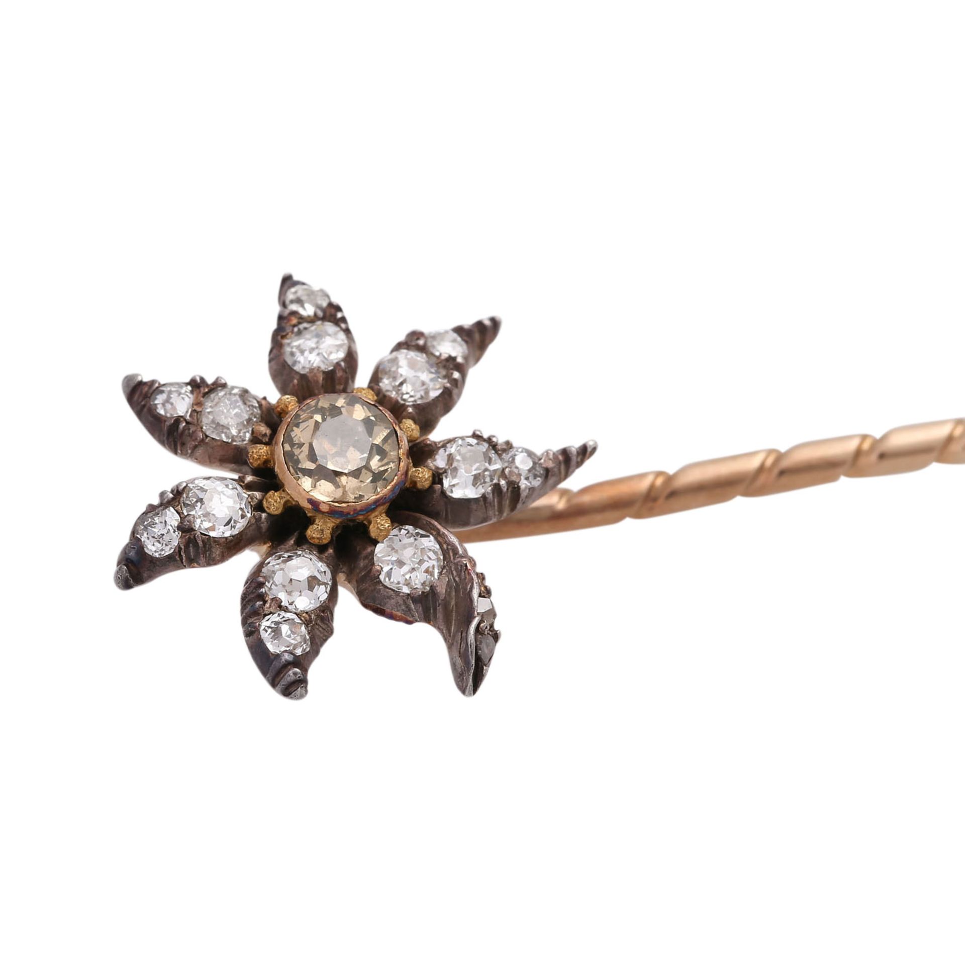 Nadel "Blütenstern" bes. mit Altschliffdiamanten, zus. ca. 0,4 ct,Mittelstein gelb-bräunlich, RSG - Bild 4 aus 4