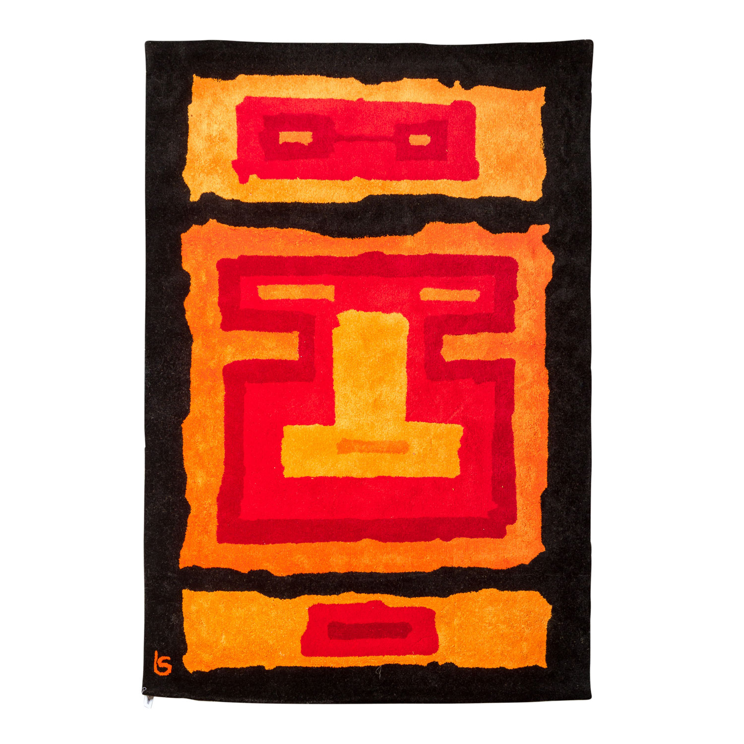 Design Teppich aus Wolle. 1970er Jahre, 248x167 cm.Eine dreigeteilte, abstrakten Form in feurigen