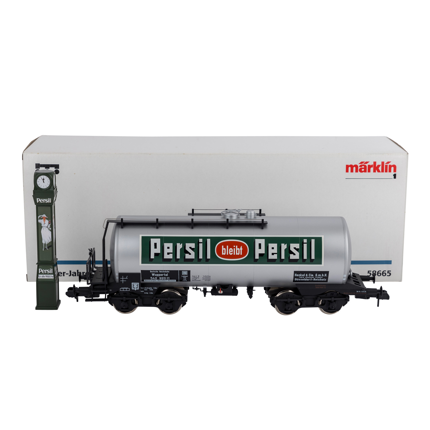 MÄRKLIN Insider-Jahreswagen 2000 58665, Spur 1,silberner Persil-Kesselwg., dazu Werbesäule aus