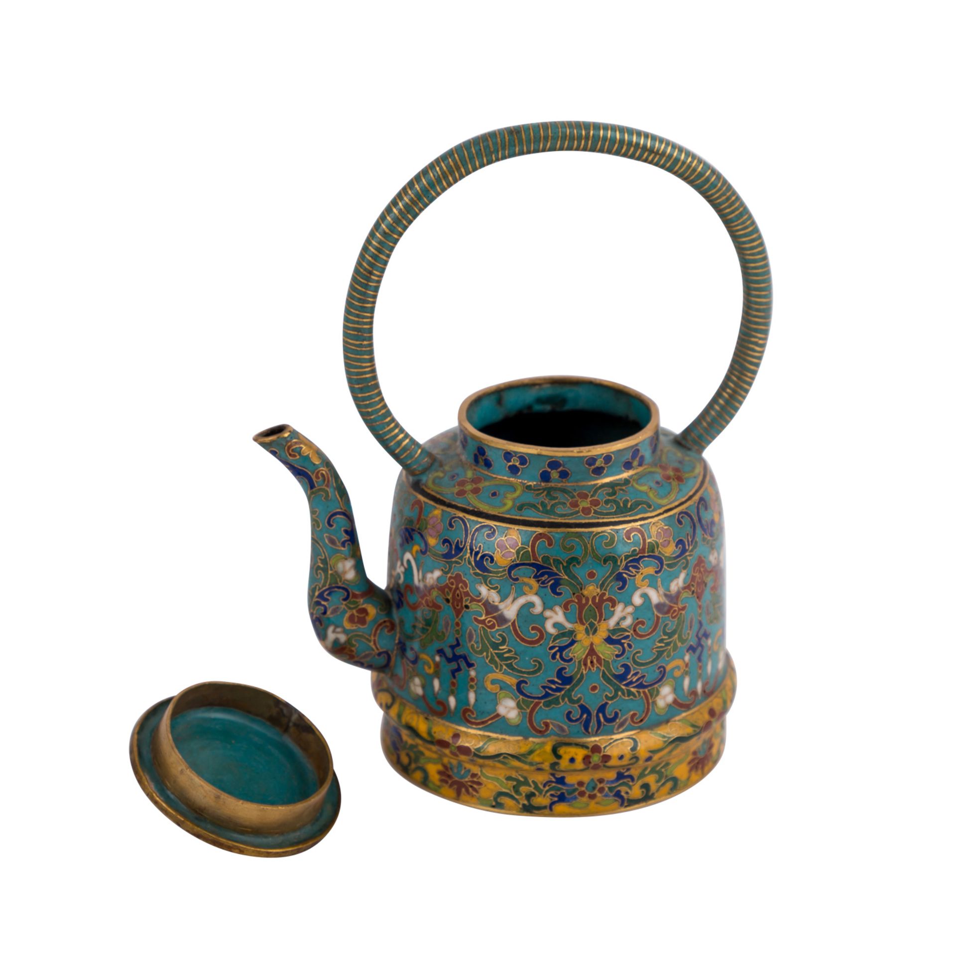 Kleine Cloisonné-Teekanne. CHINA, 19. Jh.In buntem émail cloisonné, H 15 cm. Altersspuren.Small - Bild 6 aus 7