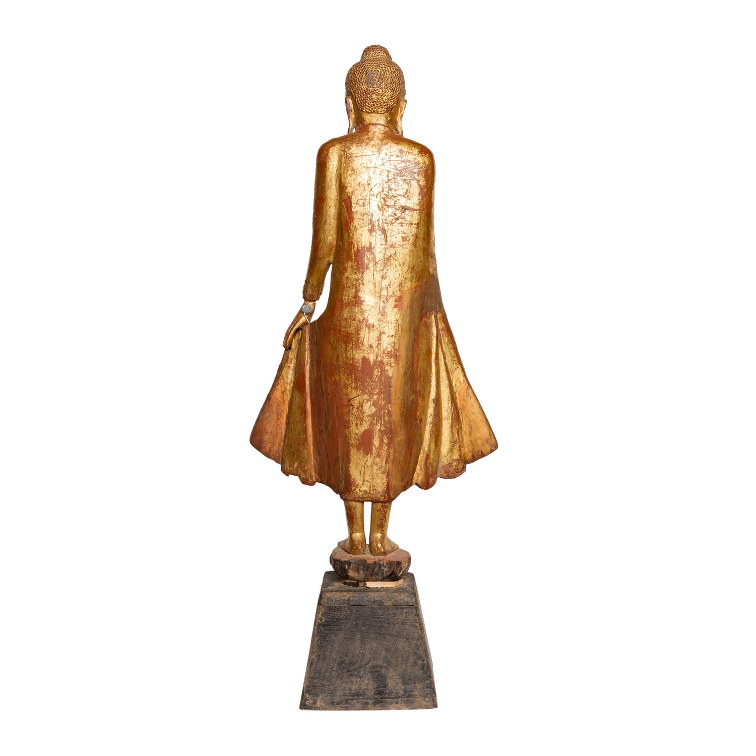 Holzfigur des stehenden Buddha. THAILAND, 20. Jh..Auf einem kleinen Sockel stehend, H 76 cm. - Image 3 of 5