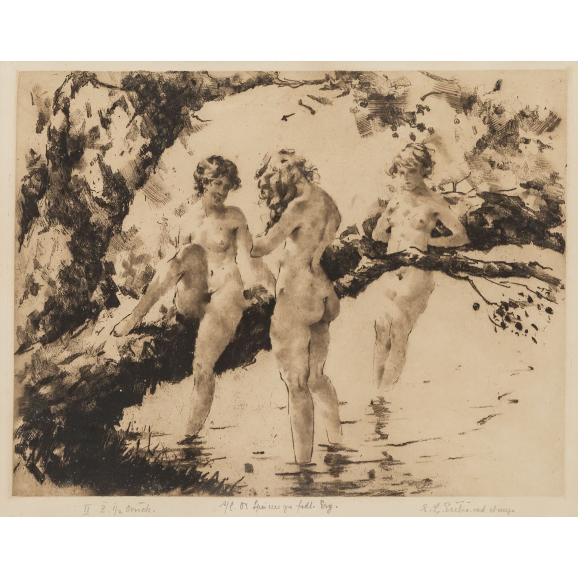 EULER, EMIL LUDWIG (1878-1955), "Drei badende junge Frauen",an einem Baum am Ufer des Gewässers