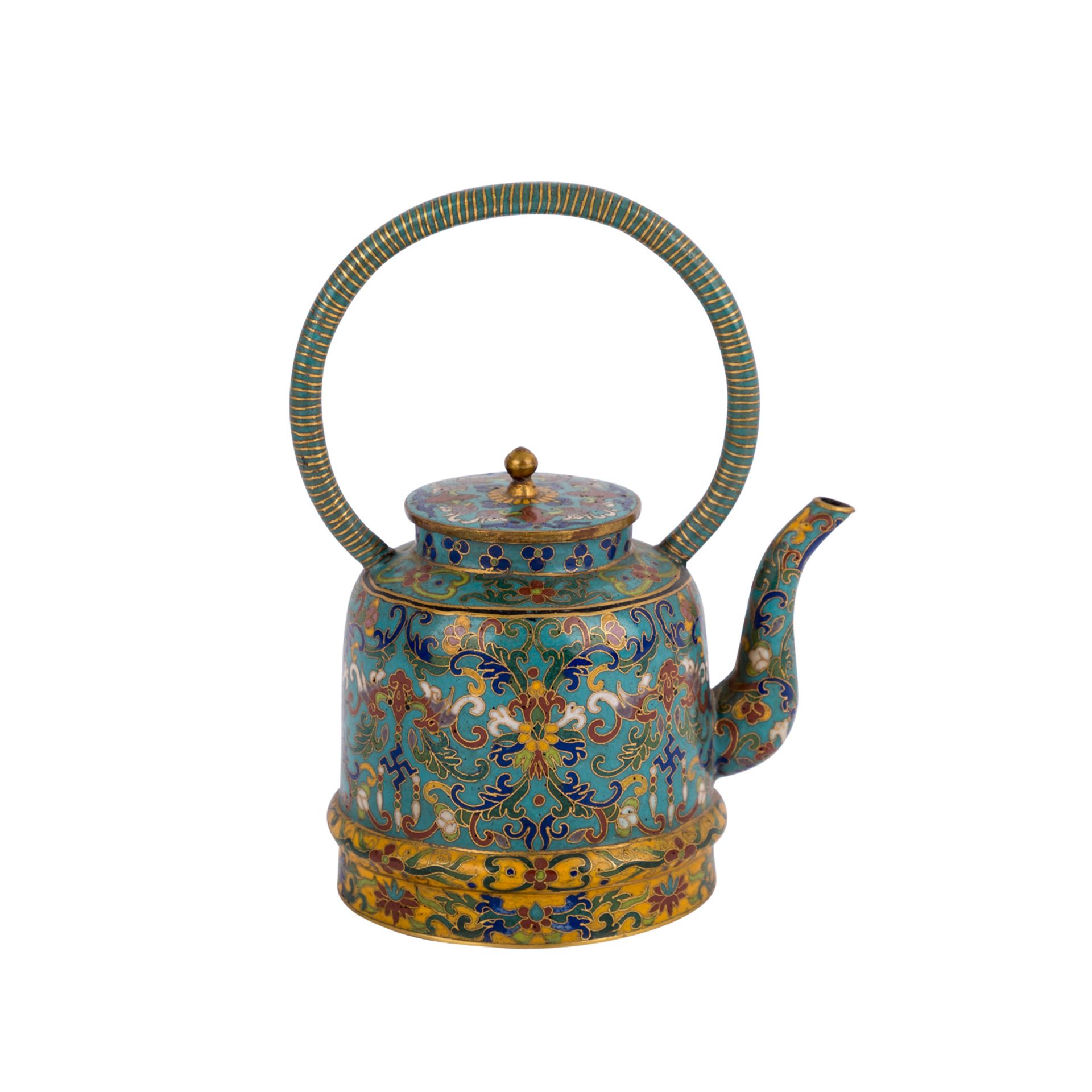 Kleine Cloisonné-Teekanne. CHINA, 19. Jh.In buntem émail cloisonné, H 15 cm. Altersspuren.Small - Bild 5 aus 7