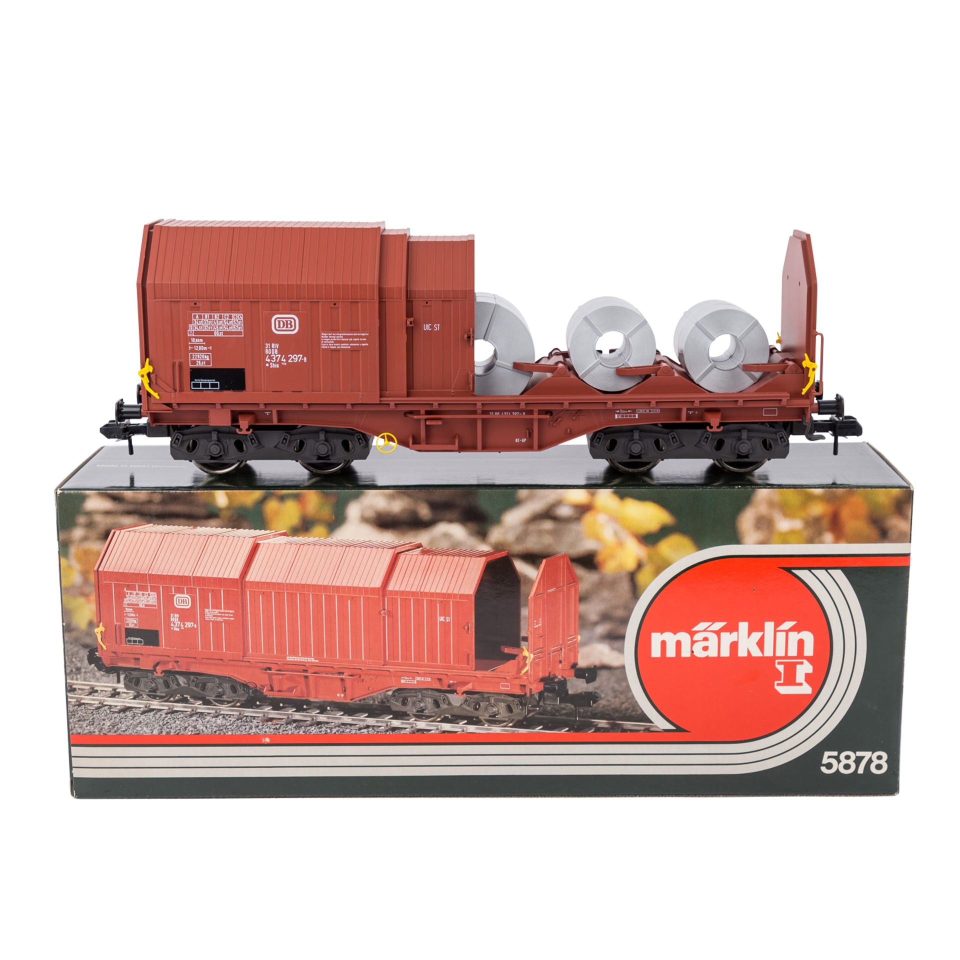 MÄRKLIN Teleskophaubenwagen der DB 5878, Spur 1,braunes Kunststoff-Gehäuse, m. 3 Stahlrollen aus