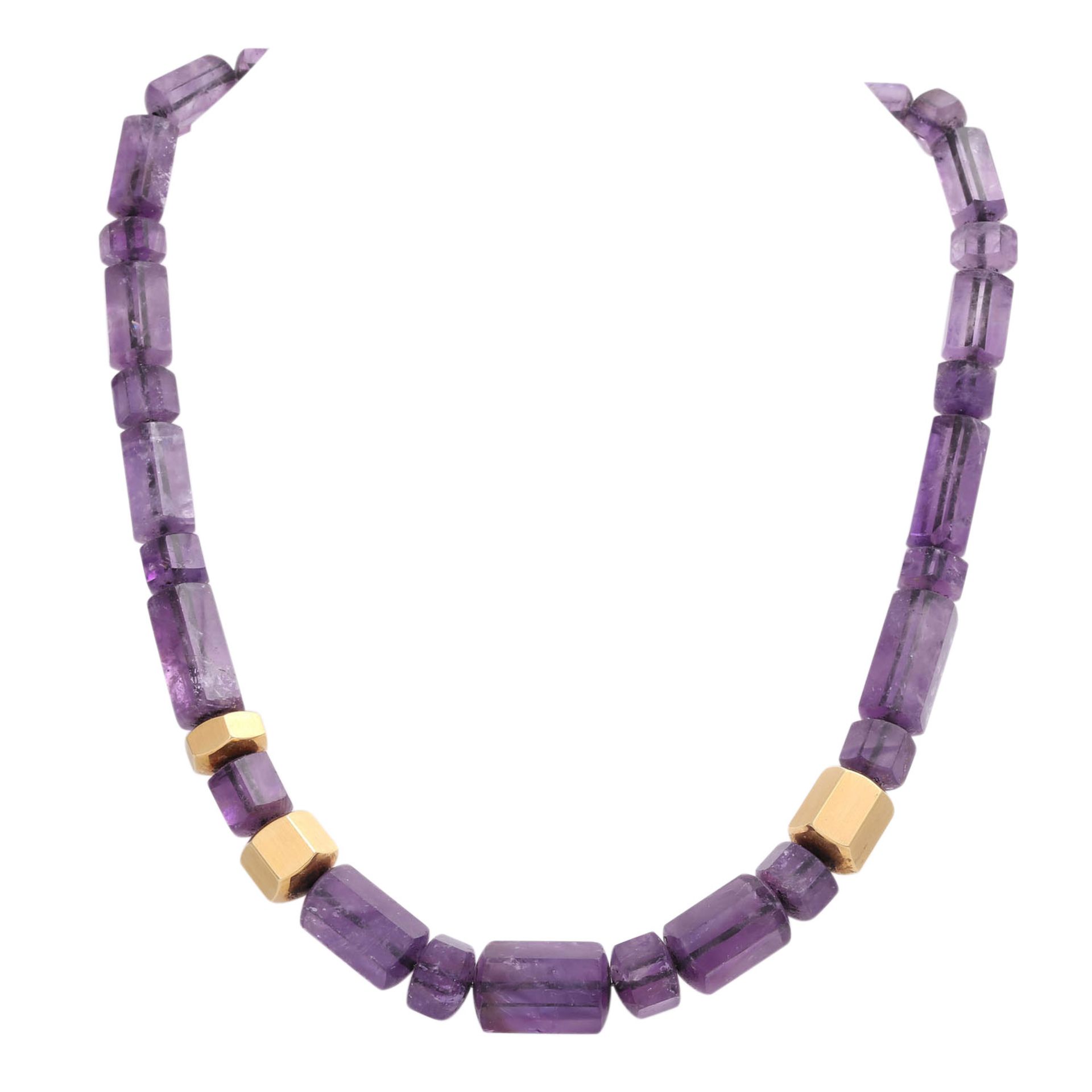 JACOBI Amethystcollier aus 6-eckigen Prismen im Verlauf7x15 mm-12x20 mm, mit 3 Zwischenteilen und