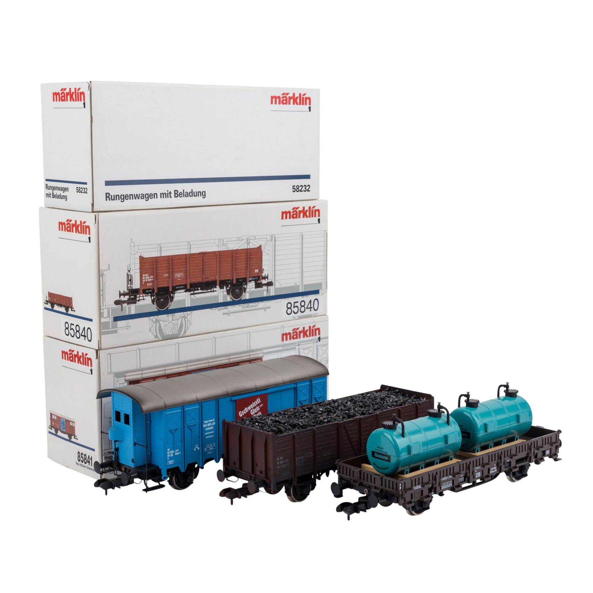 MÄRKLIN Konvolut von drei Güterwagen, Spur 1,bestehend aus 58232 Rungenwg. m. Beladung, 85840