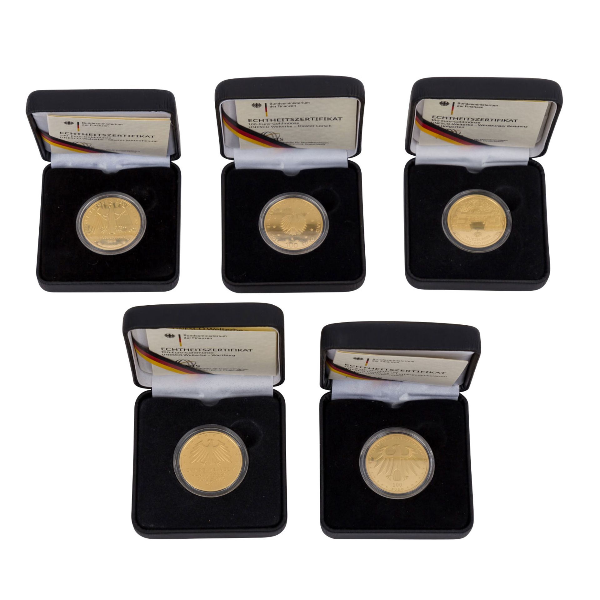 BRD/GOLD - 5 x 100 Euro Goldmünzen, bestehend aus2010 D Würzburg, 2011 J Wartburg, 2014 G Kloster