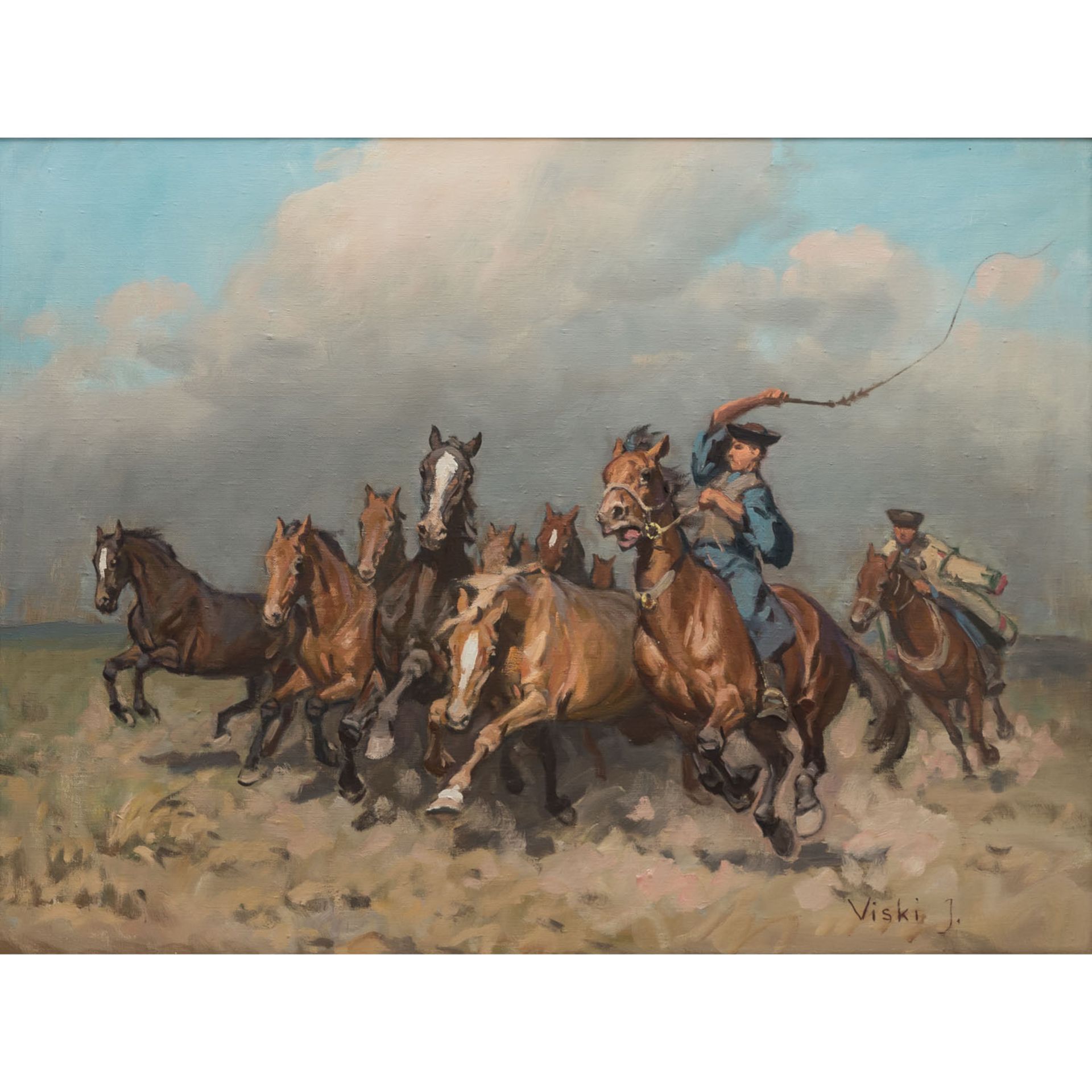 VISKI, JÁNOS (1891-1987) "Pferdehirten beim Treiben der Herde in weiter Landschaft"Öl/Leinwand,