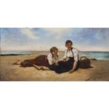 JUGENDSTIL-MALER "Zwei junge Frauen am Strand"Öl auf Holzplatte, HxB: 27/44 cm. Ränder der