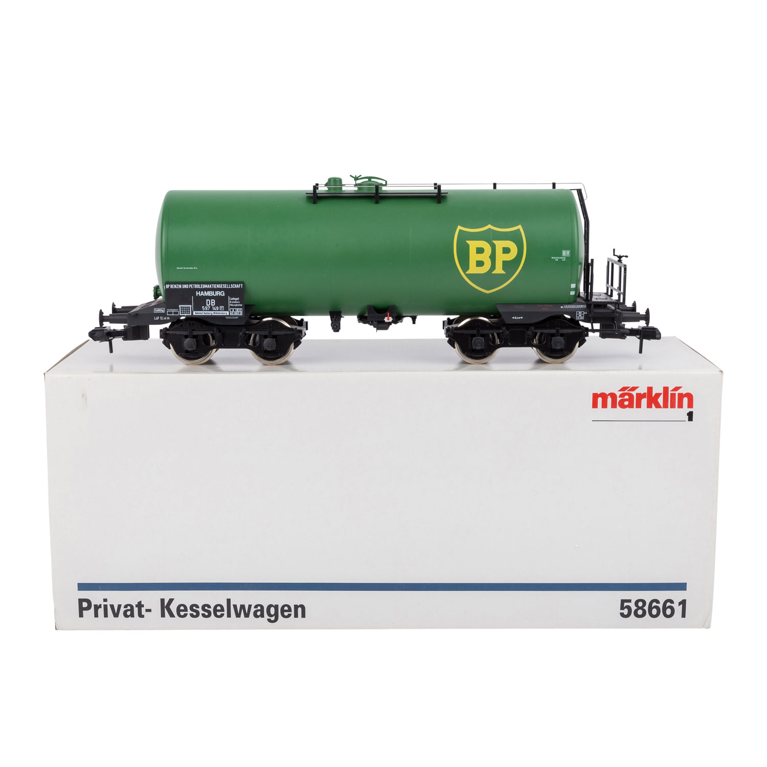 MÄRKLIN BP-Kesselwagen 58661, Spur 1,grün, BN 597 149. Im Originalkarton (part. min.-l. Alters- u.