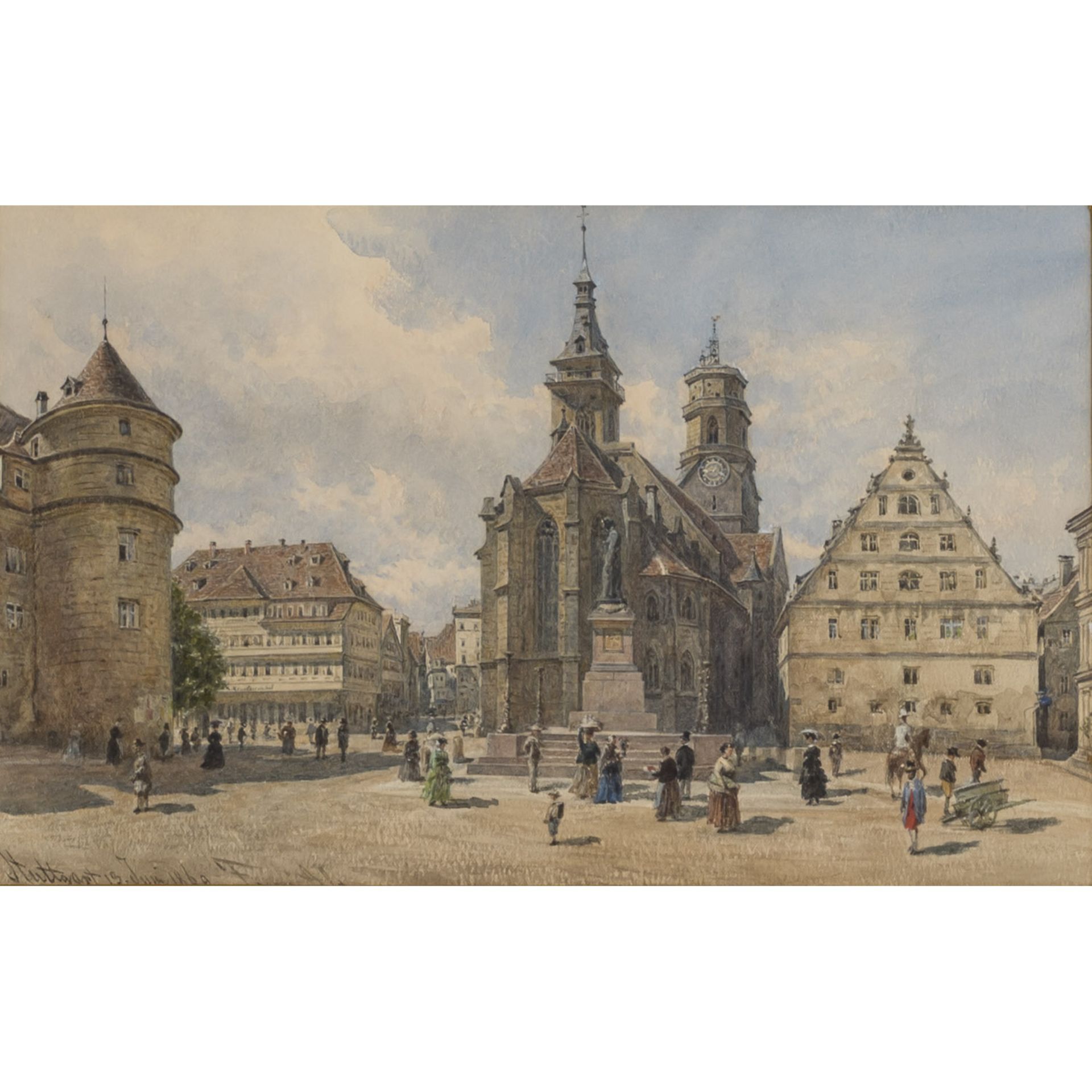 KÜNSTLER/IN 19. Jh., "Stuttgart, 19. Juni 1869",Blick auf den Schillerplatz mit zahlreichen