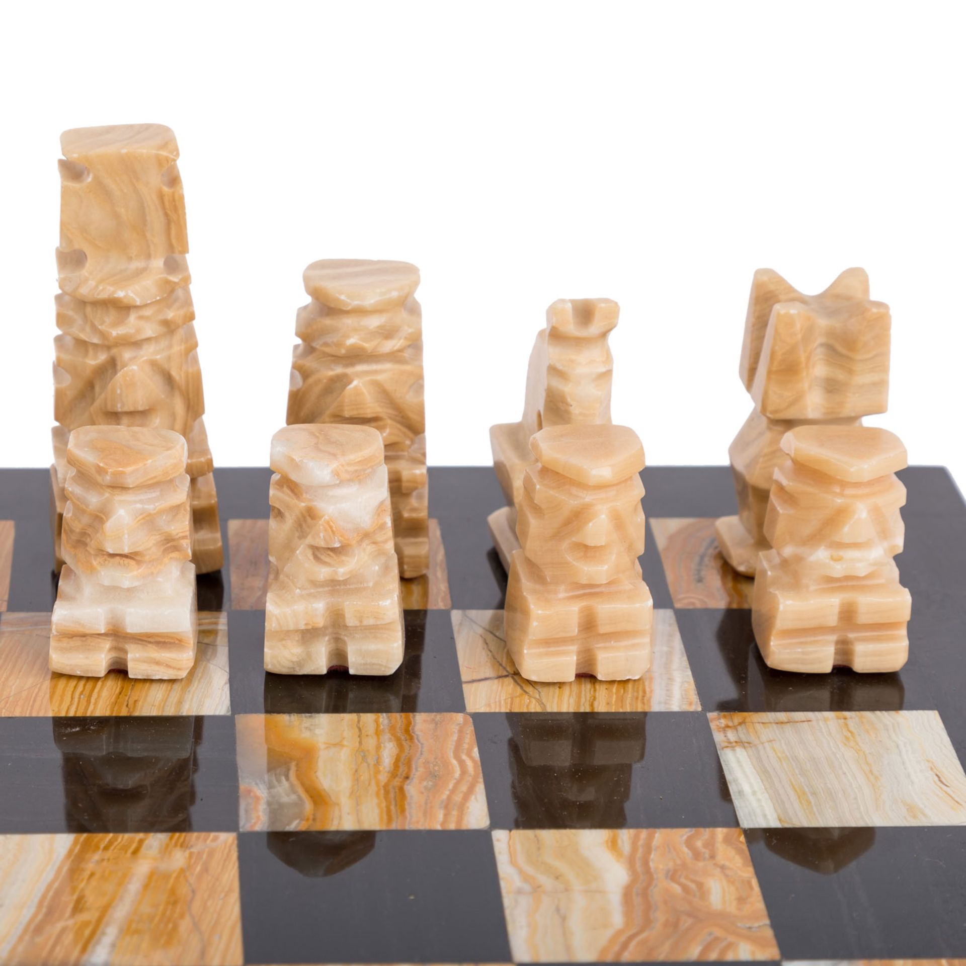 ZWEI STEINSCHACHSPIELESchweres Schachbrett aus Jaspis und Onyx, kleines Brett mit Malachitauflage, - Bild 5 aus 7