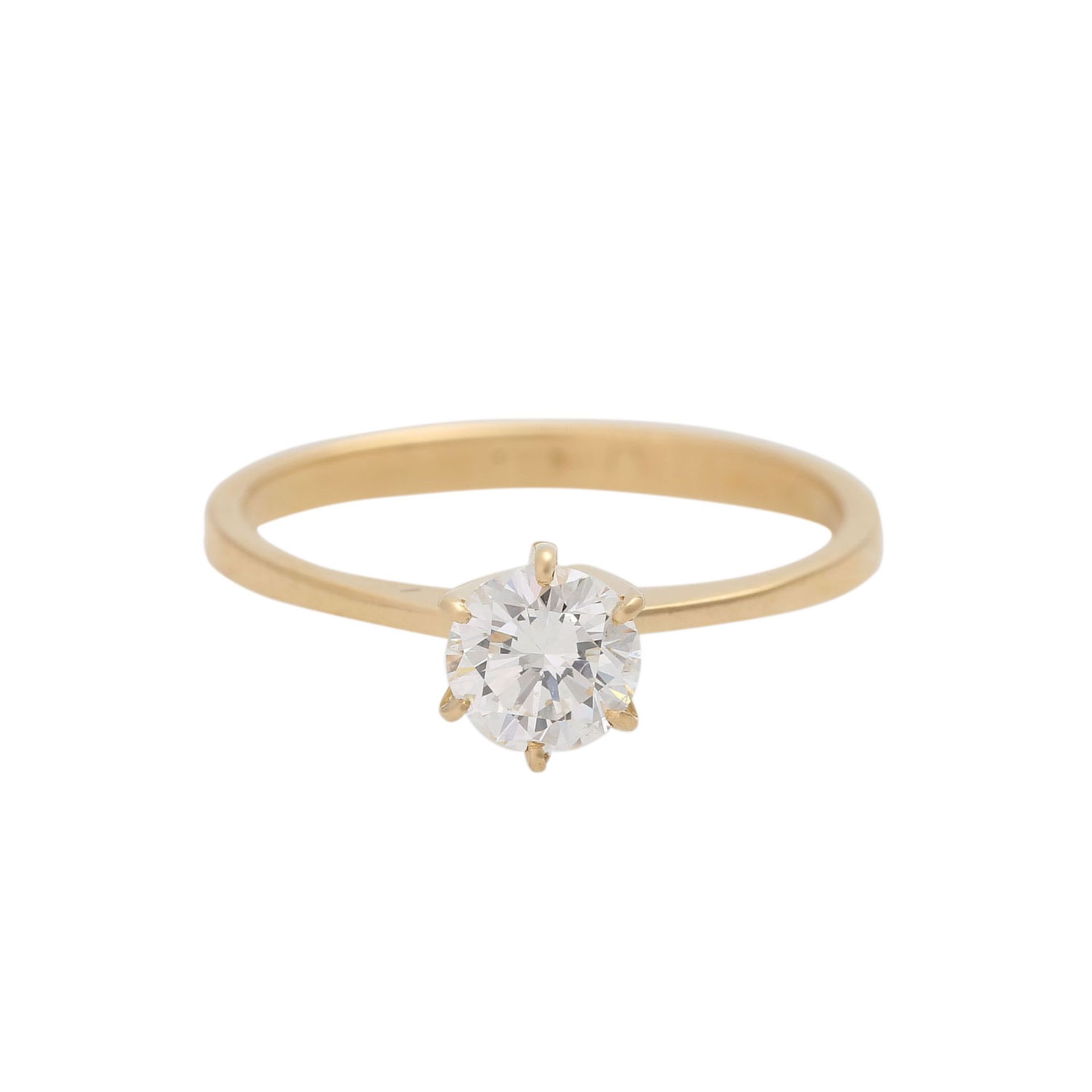 Ring mit Brillant ca. 0,60 ct,WEISS (H)/VS1, GG 18K, RW: 57, 20./21. Jh., leichte Tragespuren.Ring